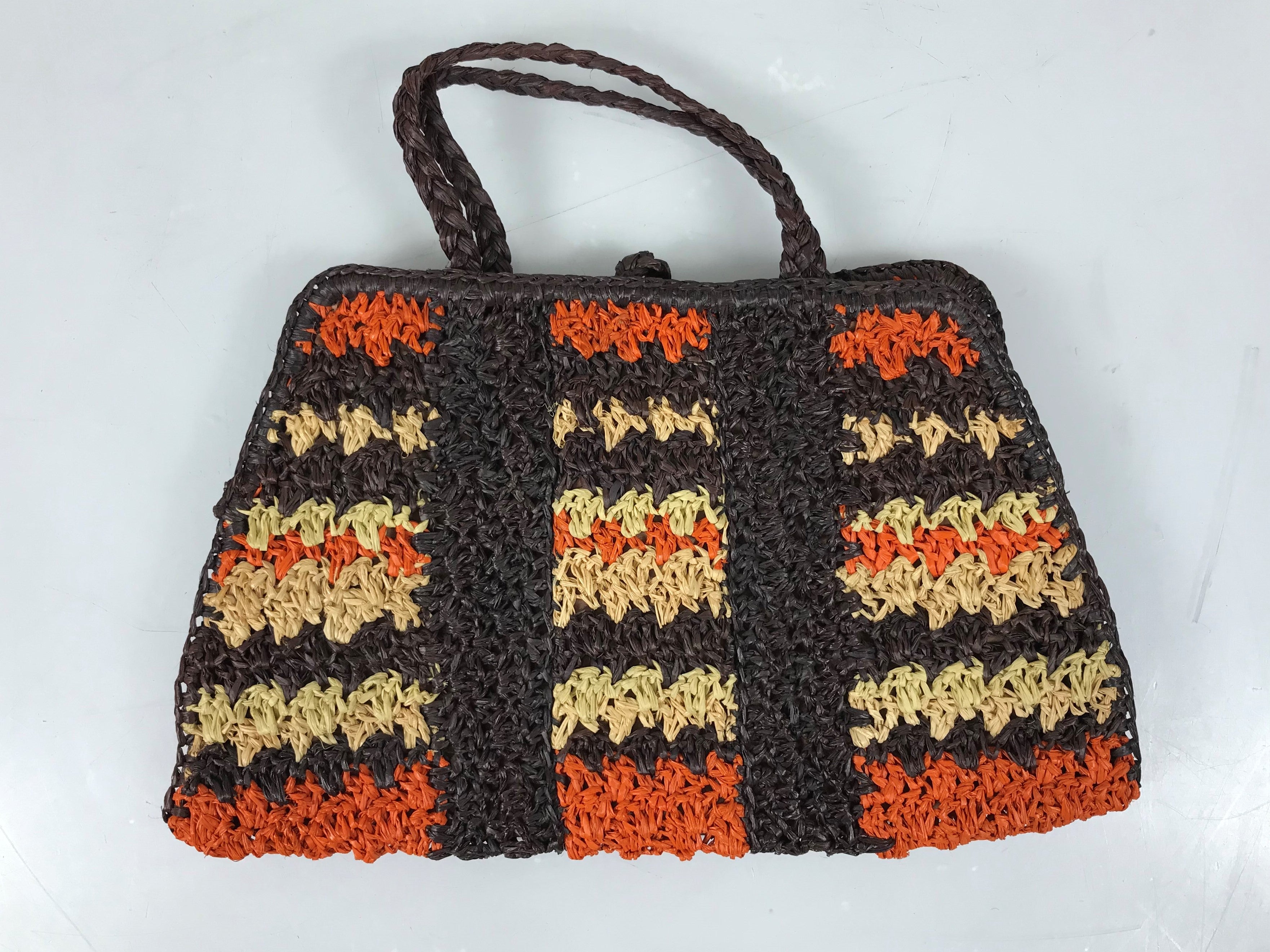 Vintage Orange and Brown 1950s Style Straw-Knit Purse