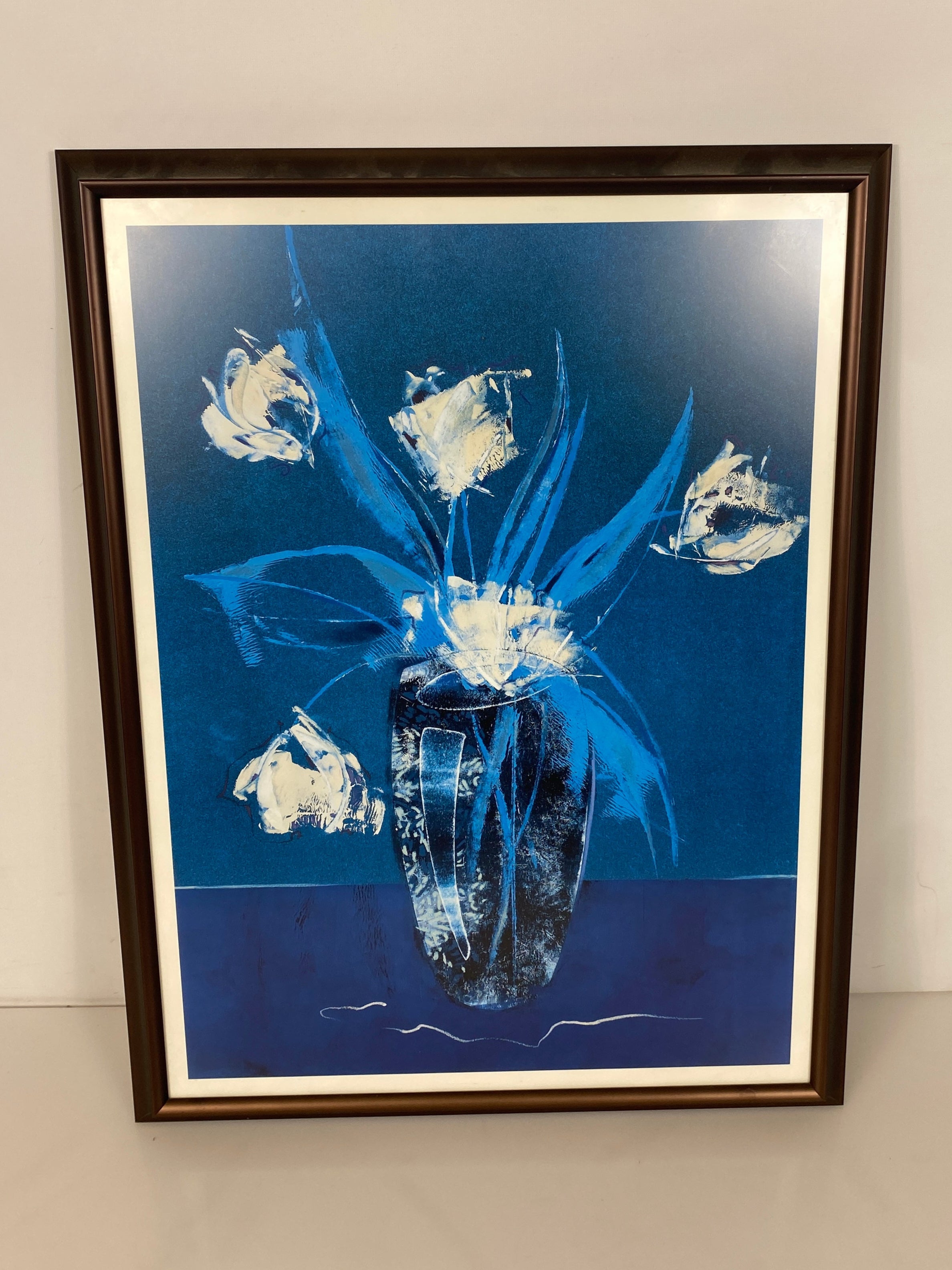 "Flowers in Vase" Blue Tint Painting in Black Frame