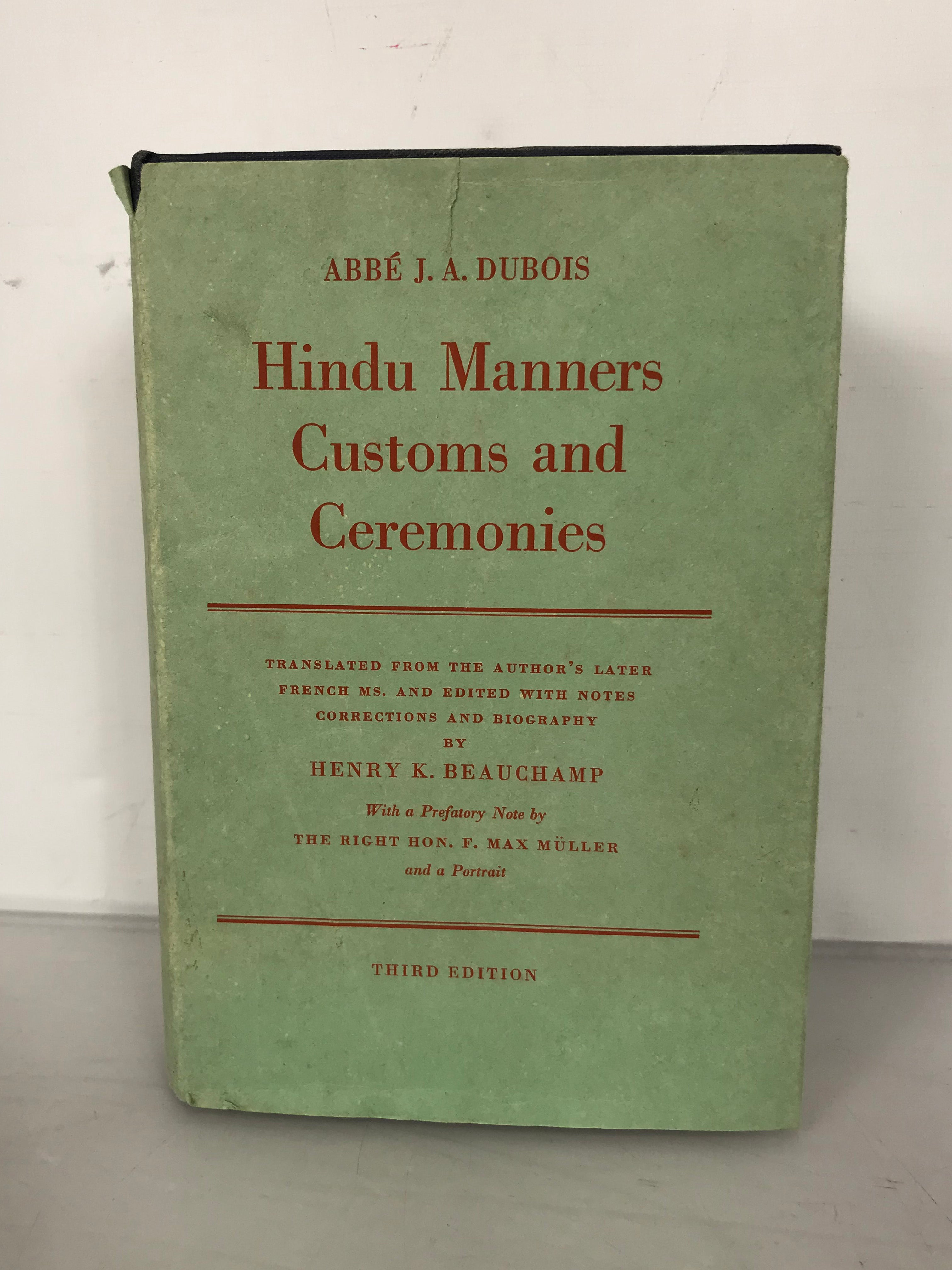 Hindu Manners Customs and Ceremonies by Henry Beauchamp 1968 HC DJ