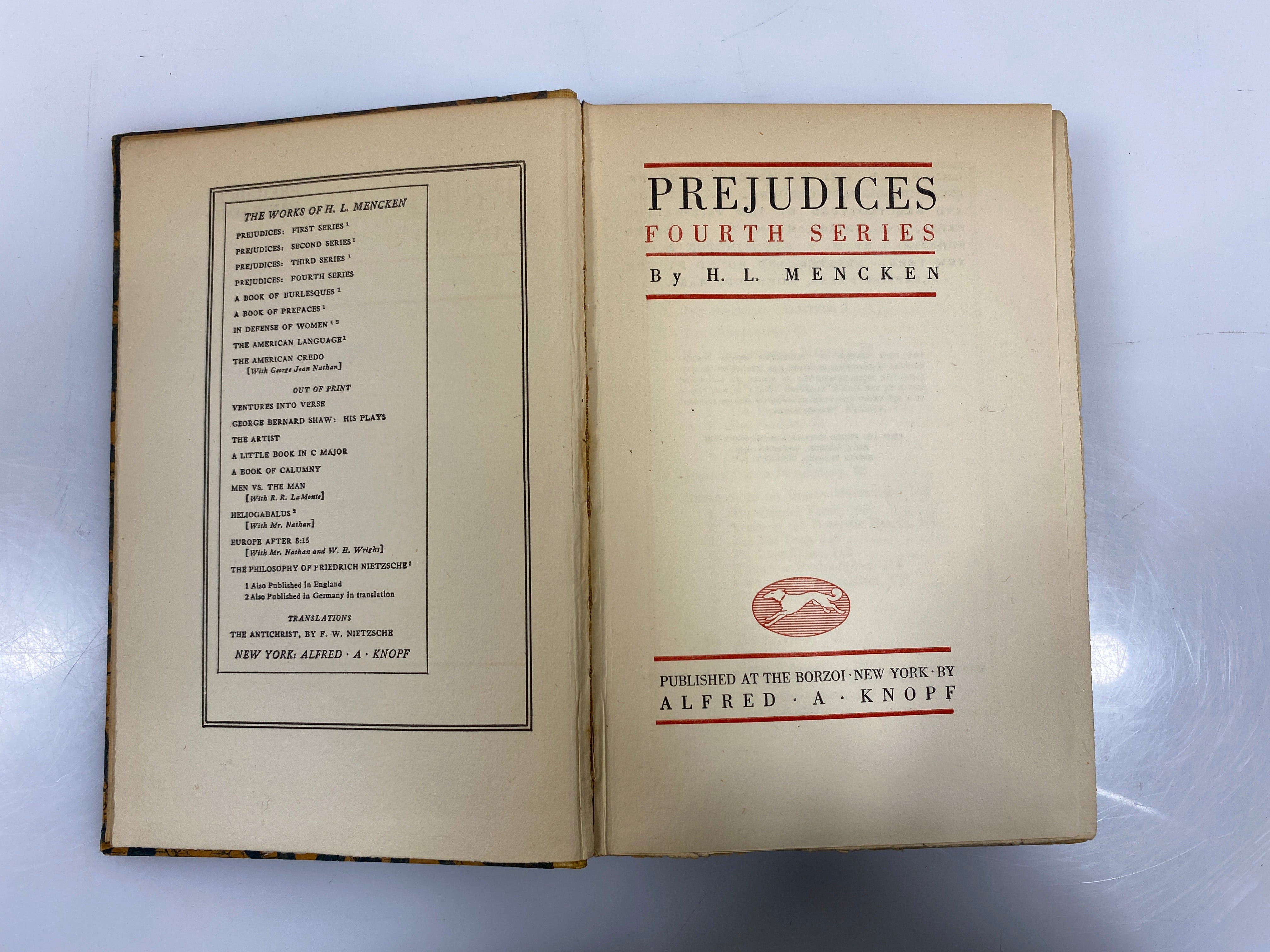 Prejudices Fourth Series by Mencken Alfred A Knopf 1925 HC