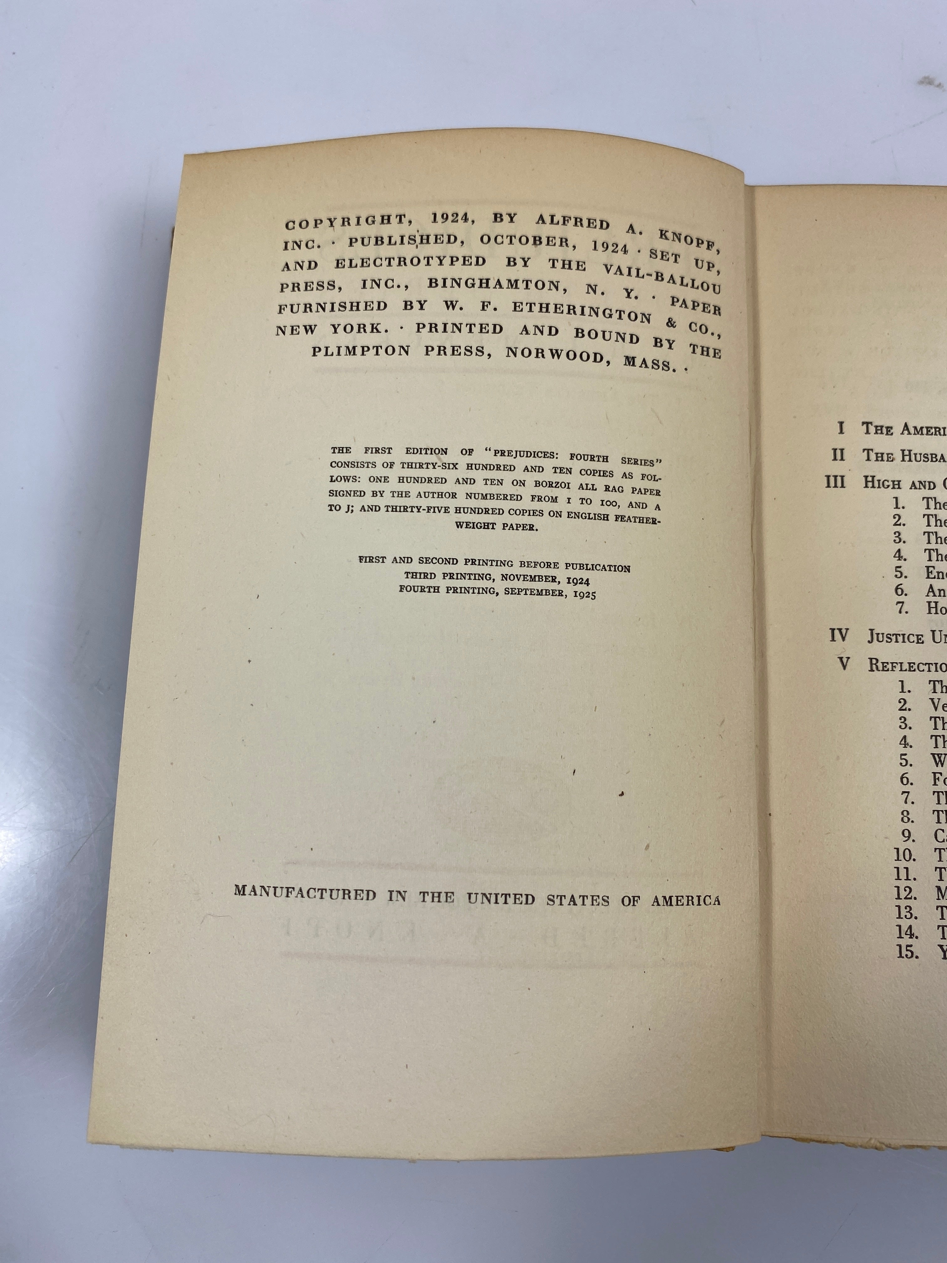 Prejudices Fourth Series by Mencken Alfred A Knopf 1925 HC