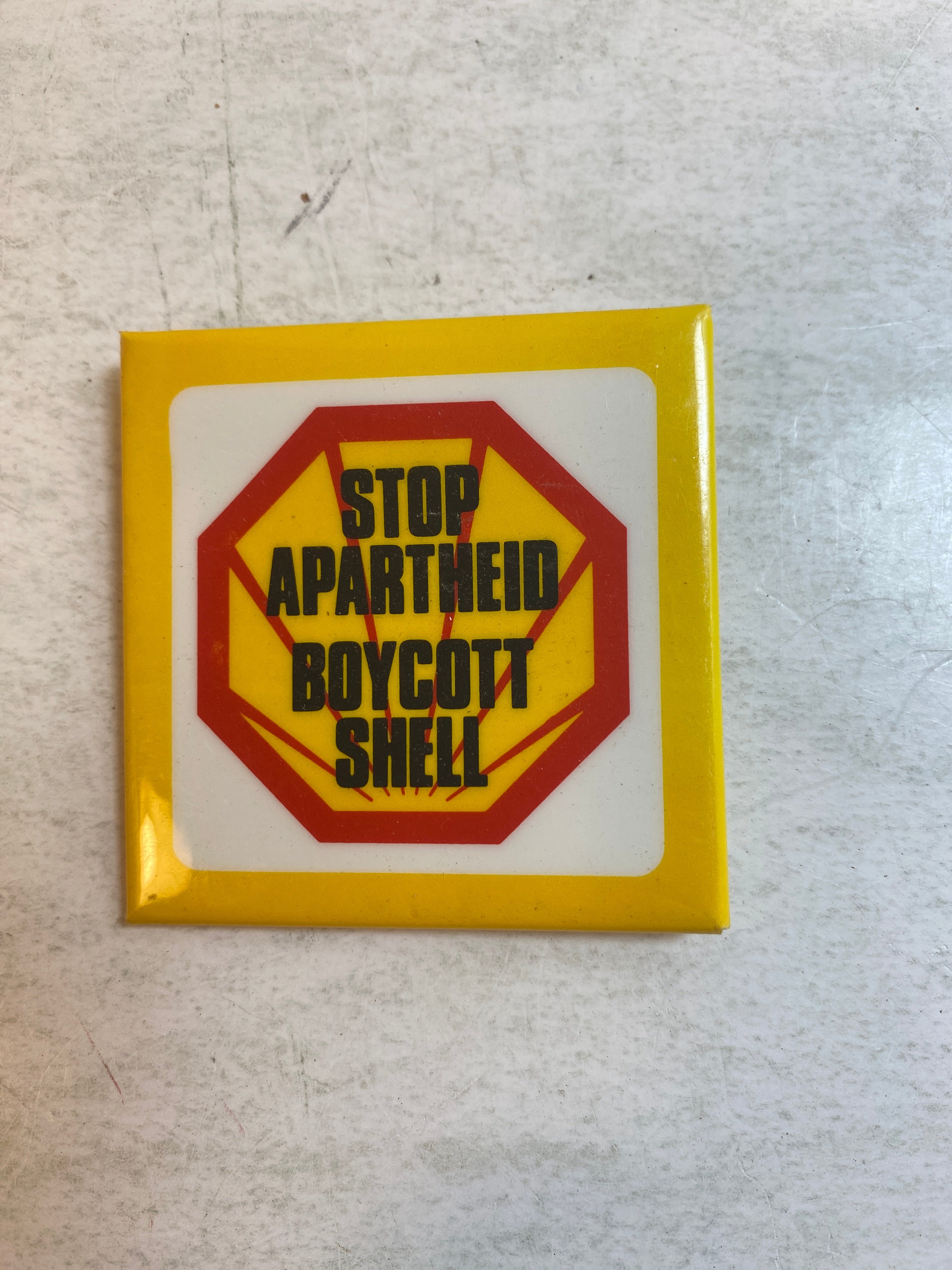 "Stop Apartheid Boycott Shell" Vintage Button
