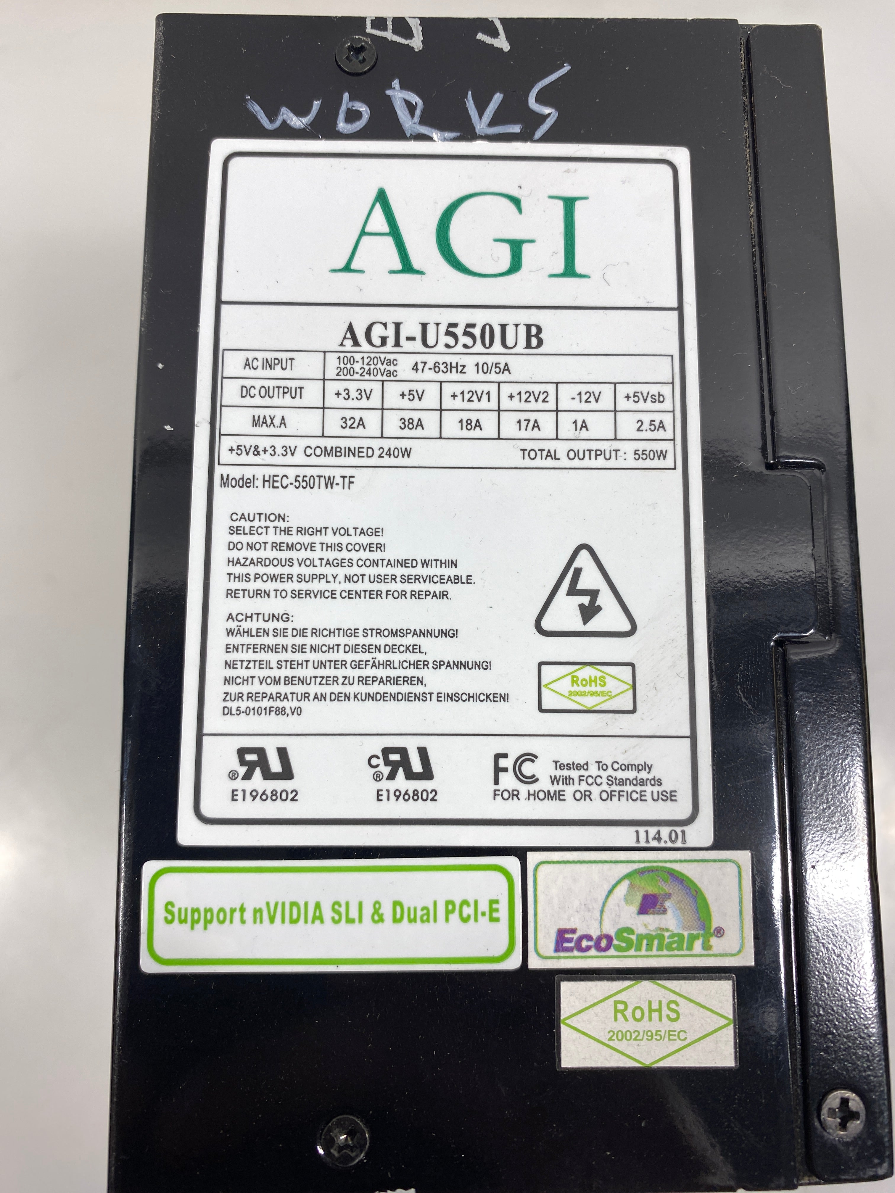 AGI HEC-550TW-TF 550 WATT PS2 Computer Power Supply