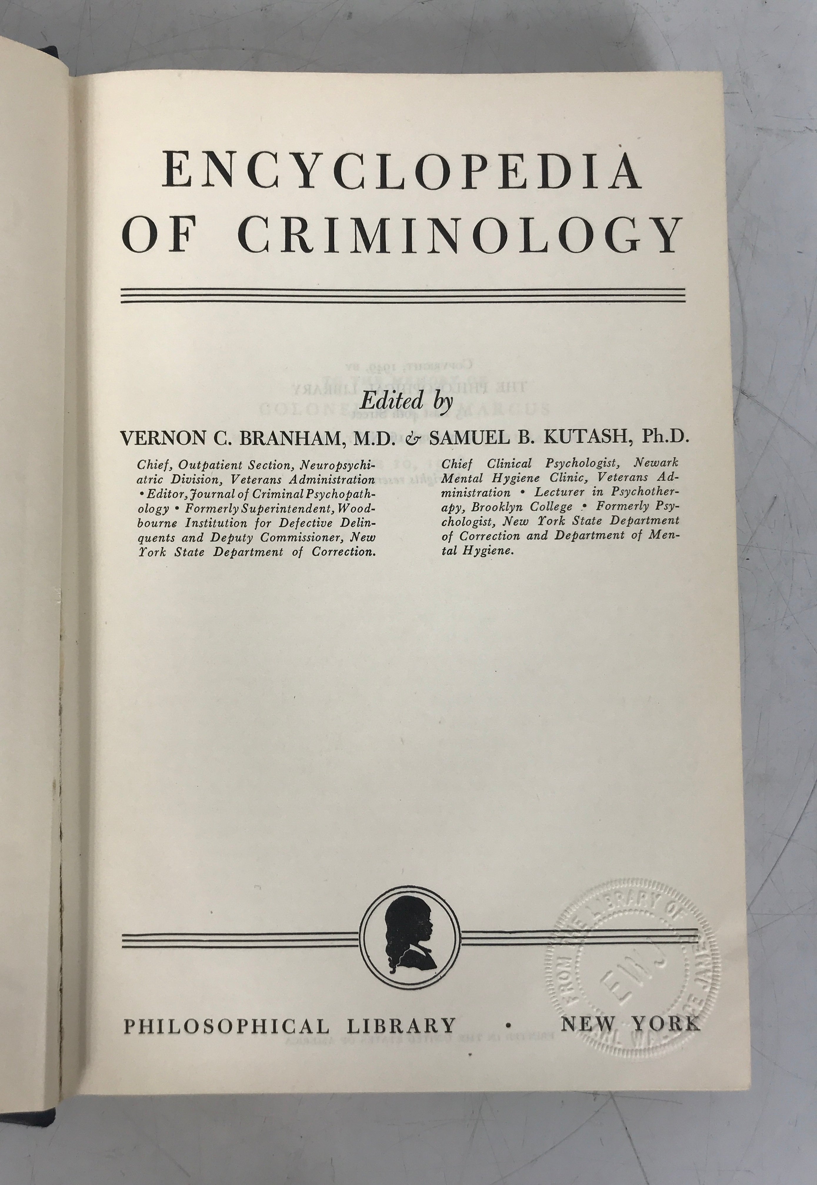 Encyclopedia of Criminology Branham/Kutash 1949 HC DJ
