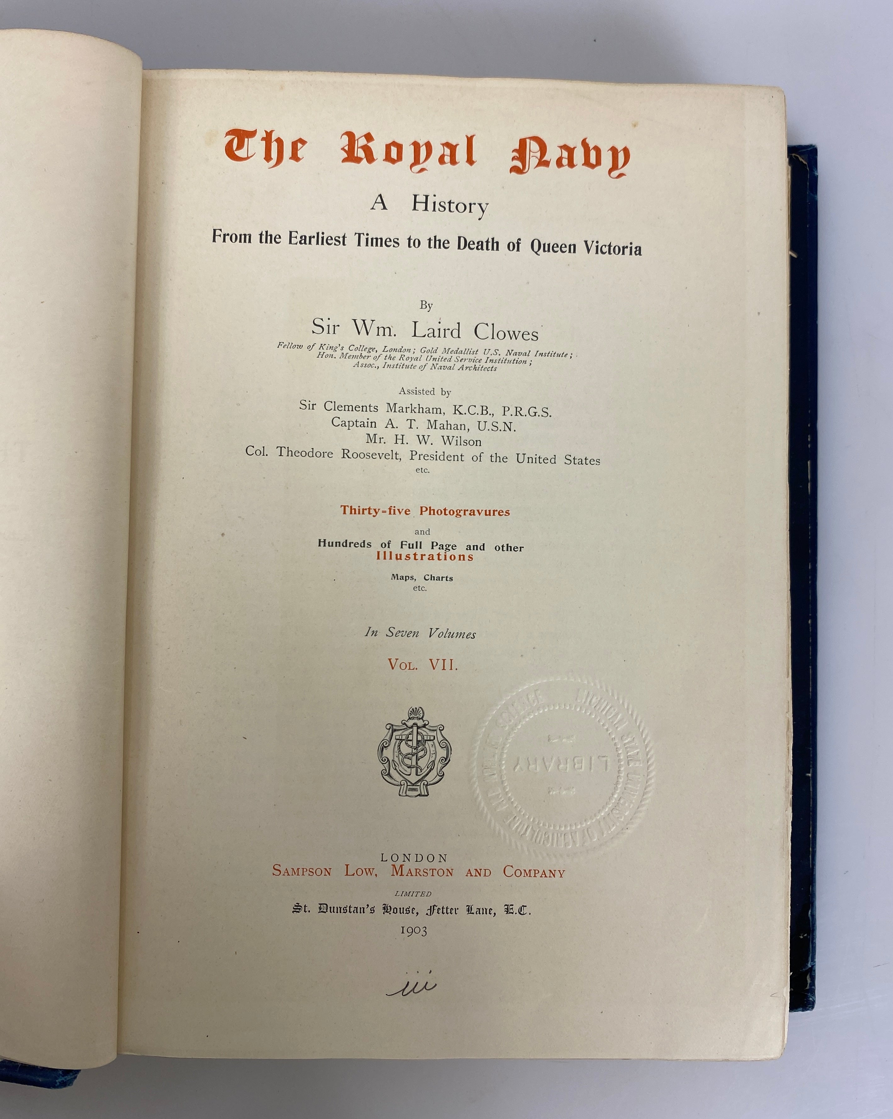 2 Antique Volumes: The Royal Navy A History (I and VII) 1897-1903 Ex-Library