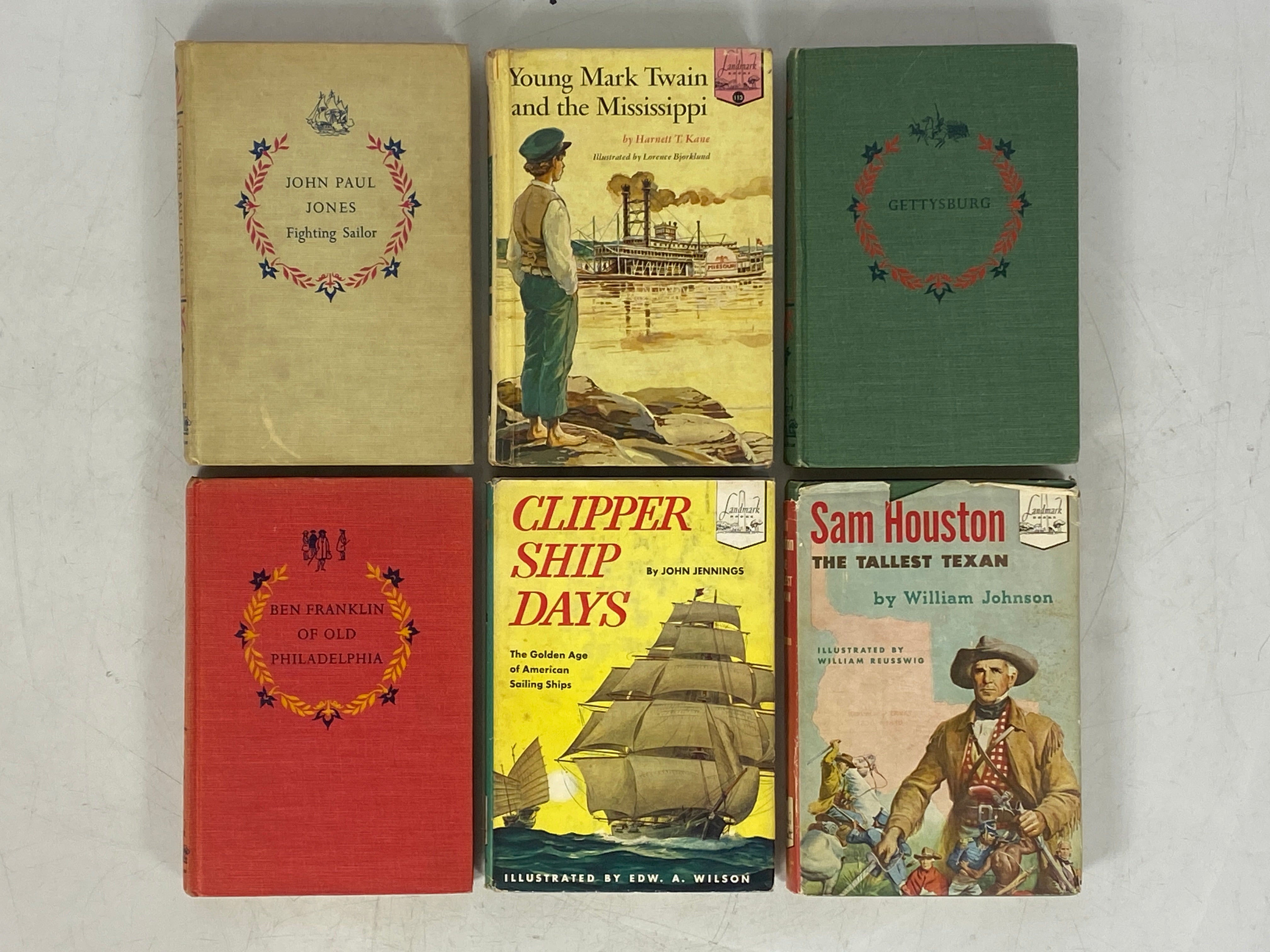 Lot of 6 Landmark Books incl John Paul Jones/Young Mark Twain/Gettysburg HC