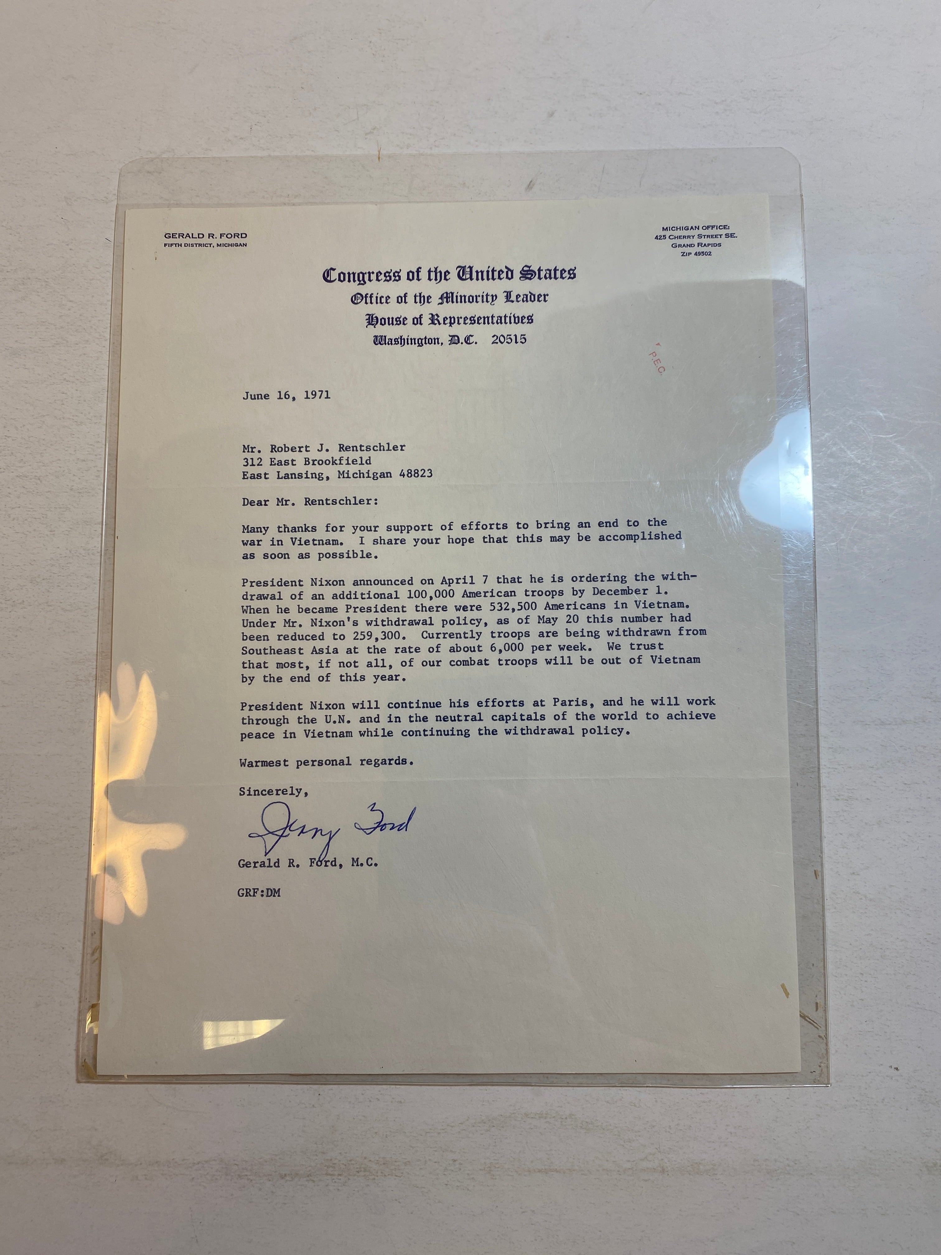 Letter From Gerald Ford Regarding Ending Vietnam War 1971 *Signed*