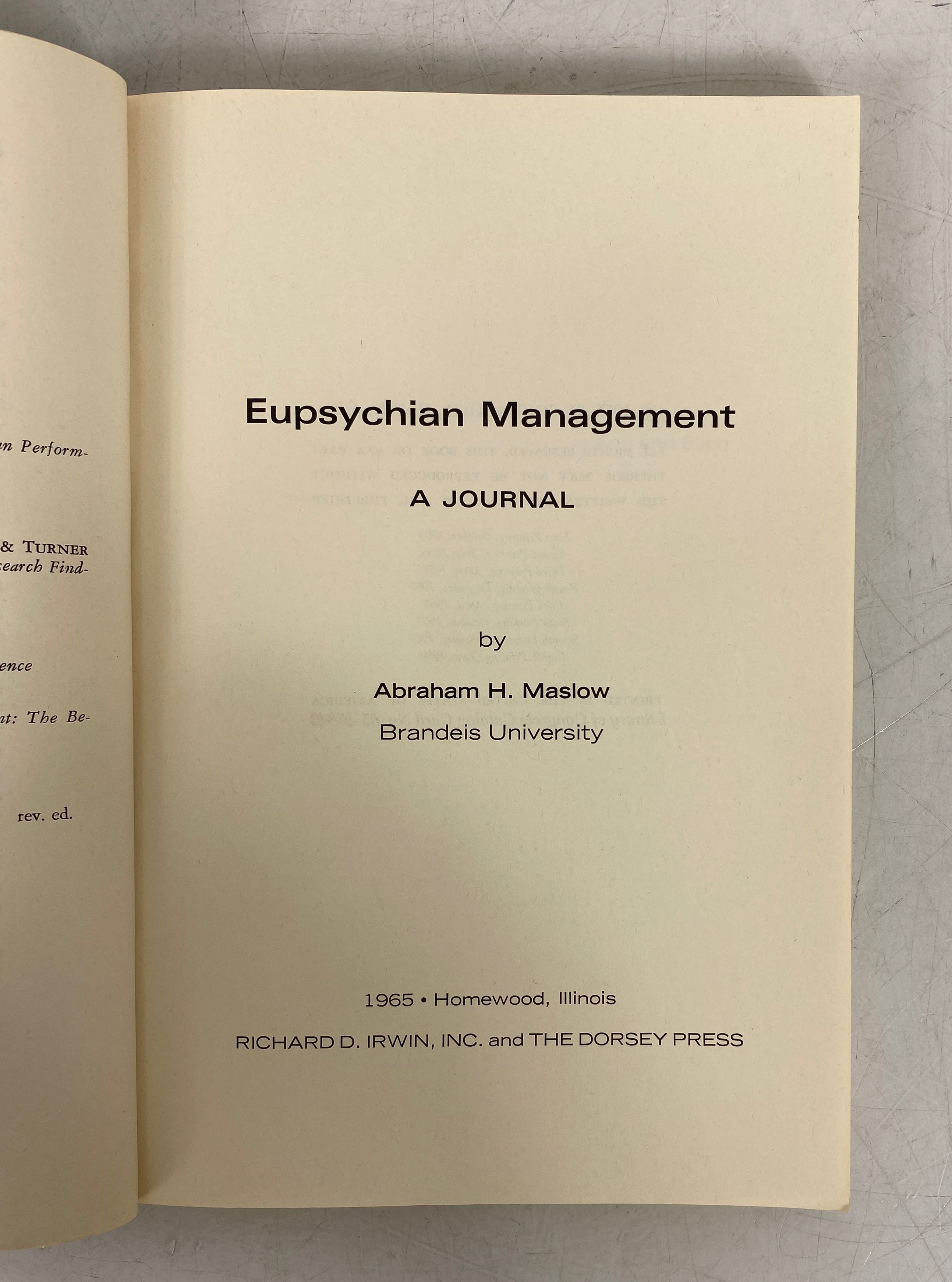 Eupsychian Management Abraham Maslow 1969 8th Printing SC