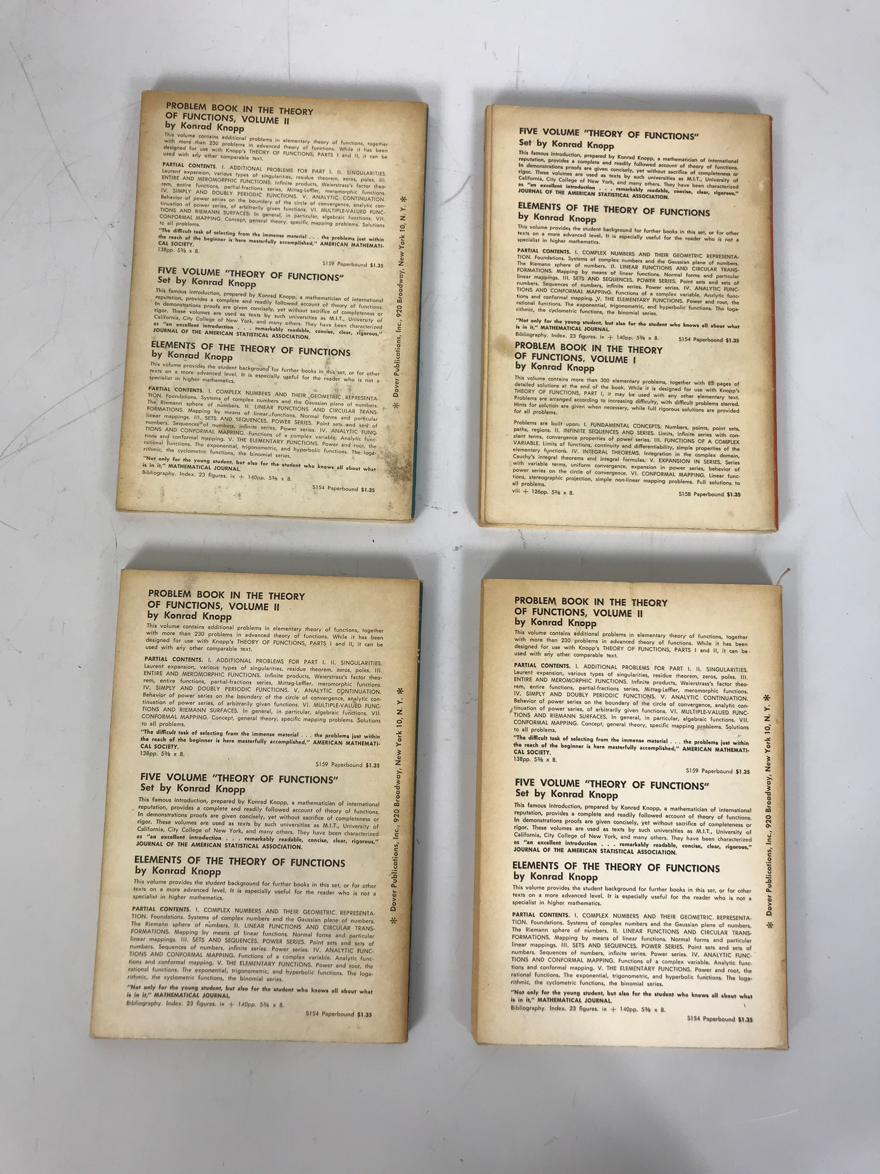 4 Vol Set Theory of Functions by Konrad Knopp 1945-1952 1st American Ed SC