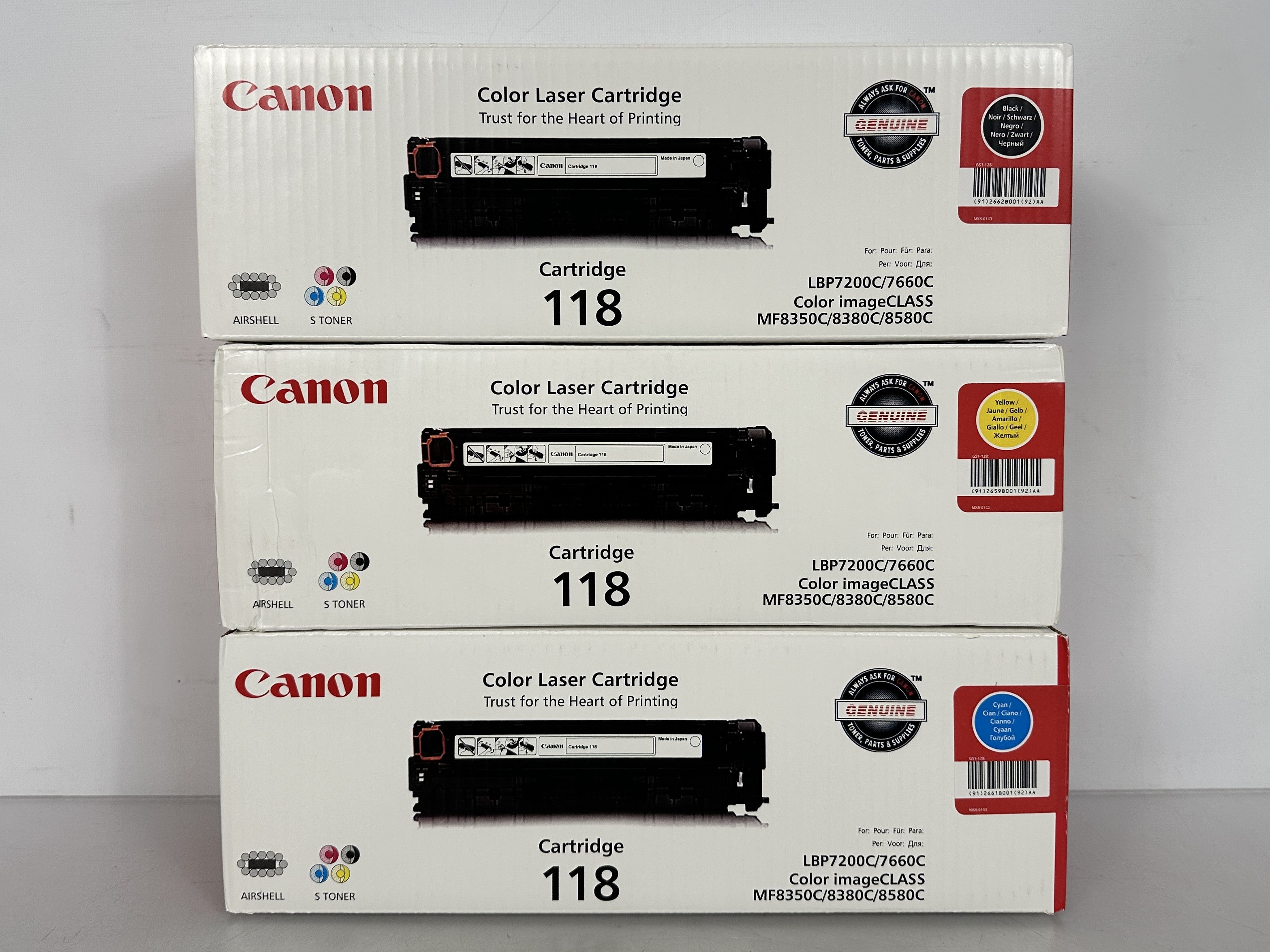 Lot of 3 Canon Cartridge 118 Black, Cyan, and Yellow Toner Cartridges