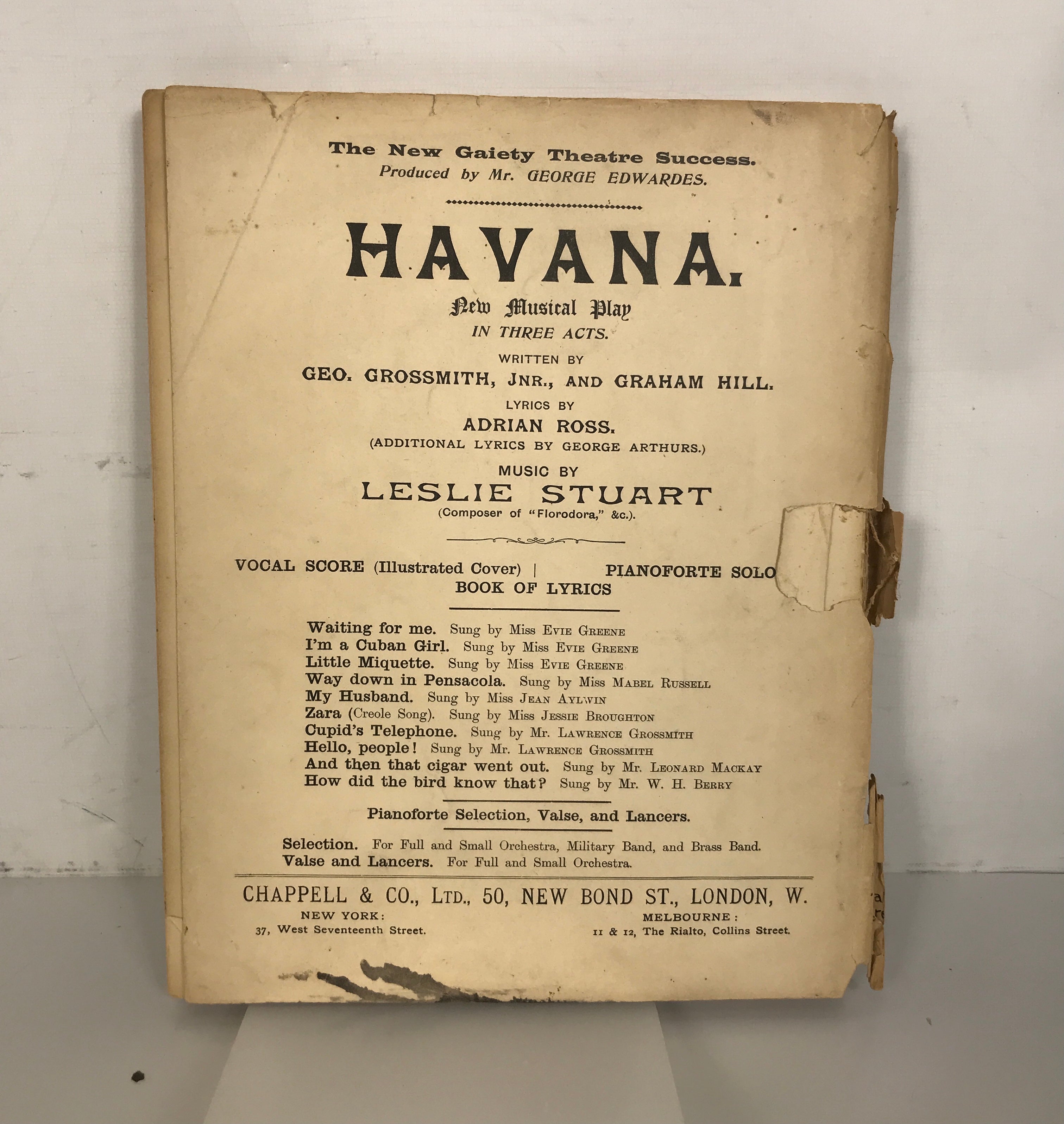 Havana A Musical Play in 3 Acts Complete Leslie Stuart 1908 Antique SC