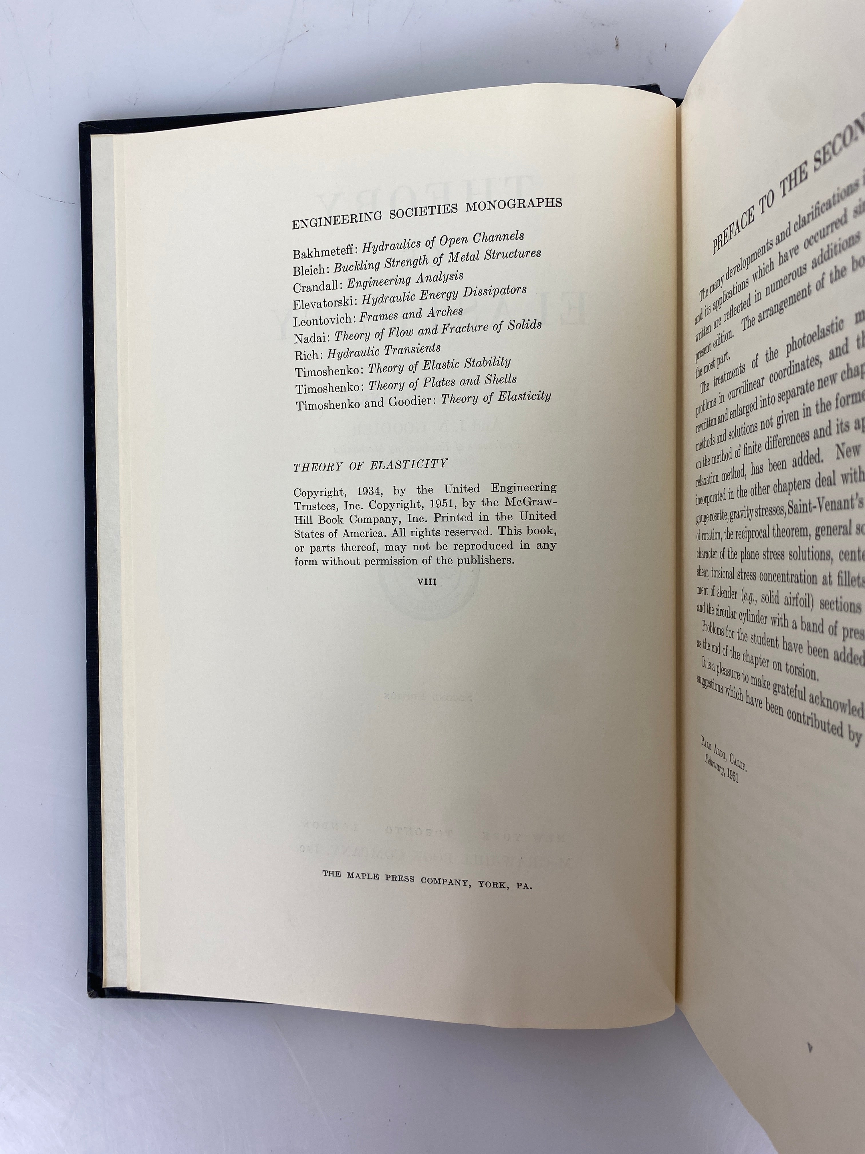 2 Vols: Theory of Elasticity/Theory of Plates & Shells by Timoshenko 1951-59 HC
