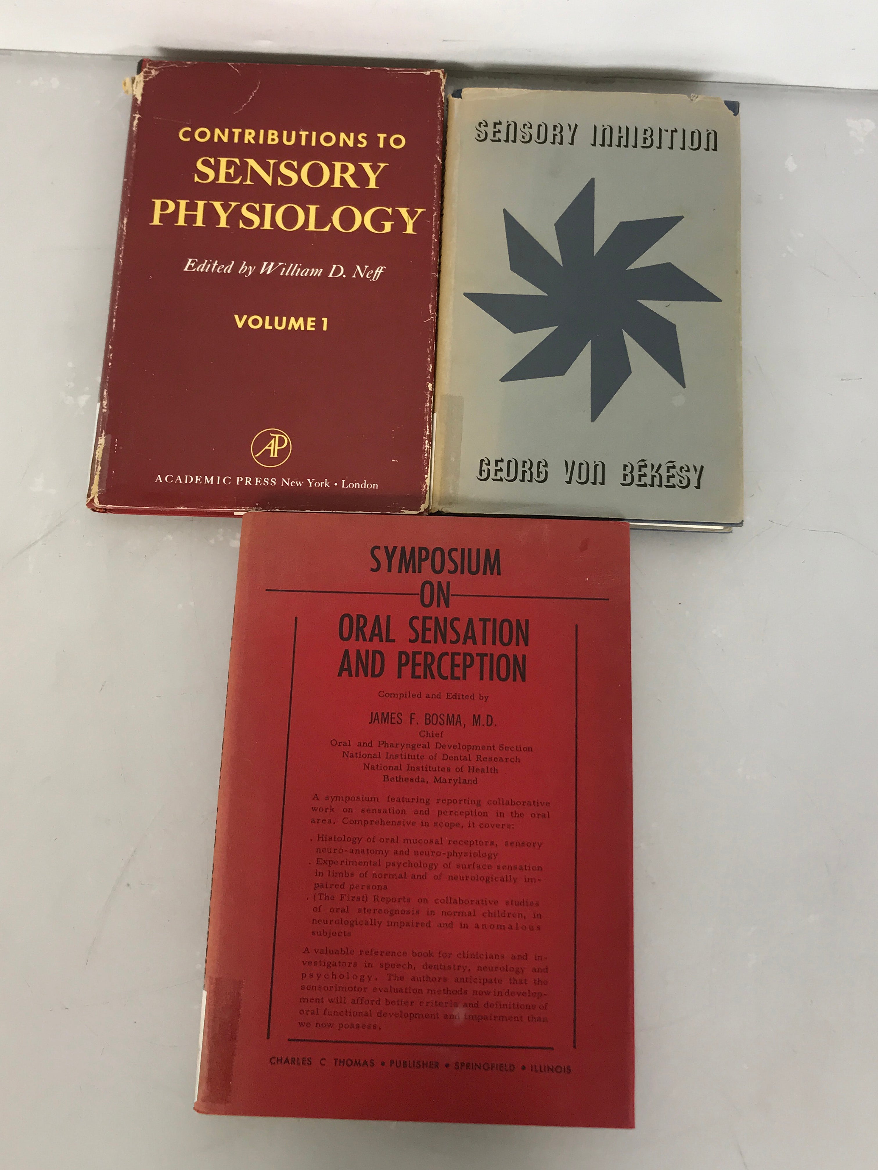 Lot of 3 Sensory Biology/Physiology Books: Contributions to Sensory Physiology, Sensory Inhibition, and Symposium on Oral Sensation and Perception 1965-1967 HC DJ