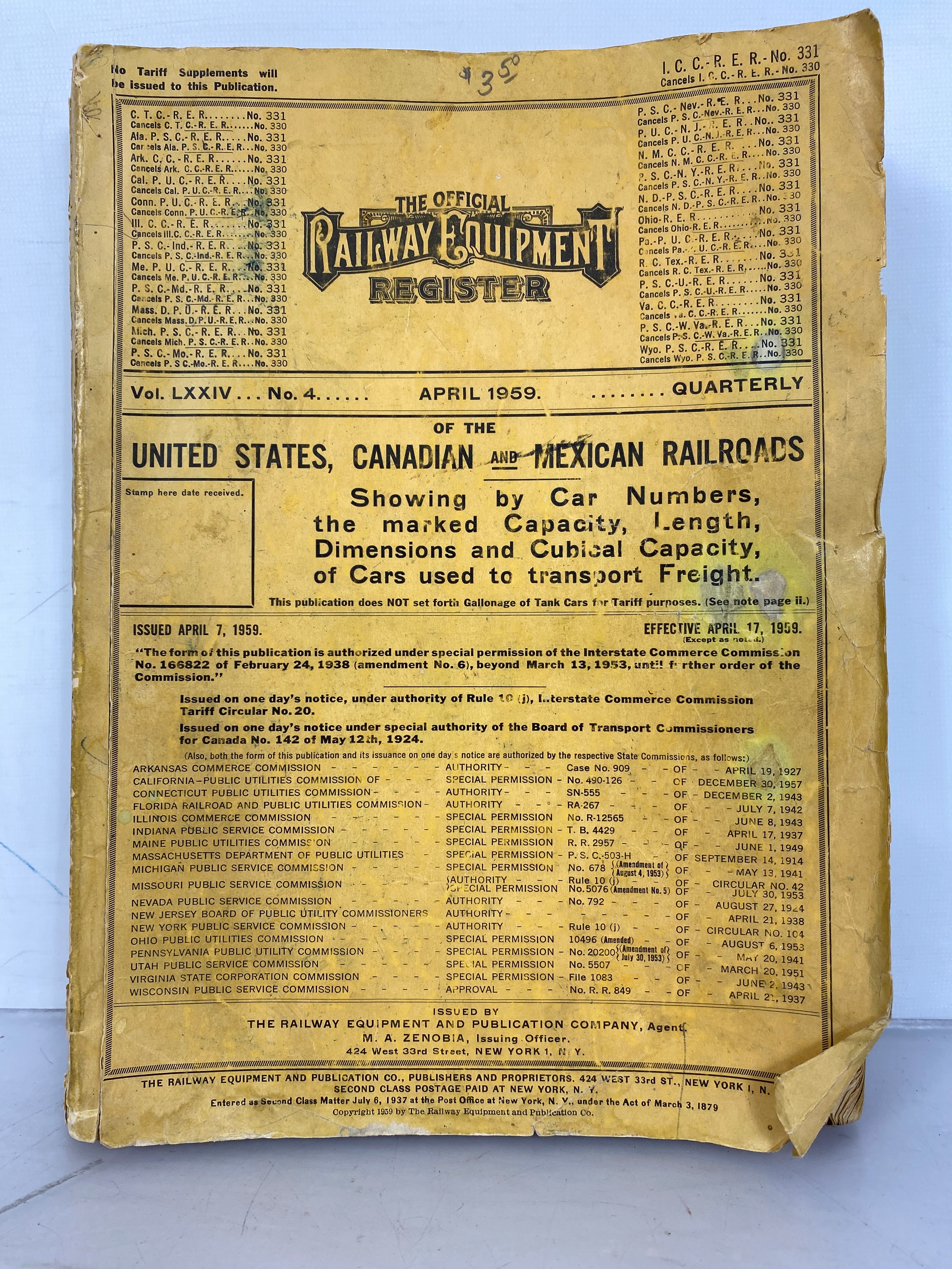 The Official Railway Equipment Register U.S., Canadian, and Mexican Railroads April 1959 No. 4 SC