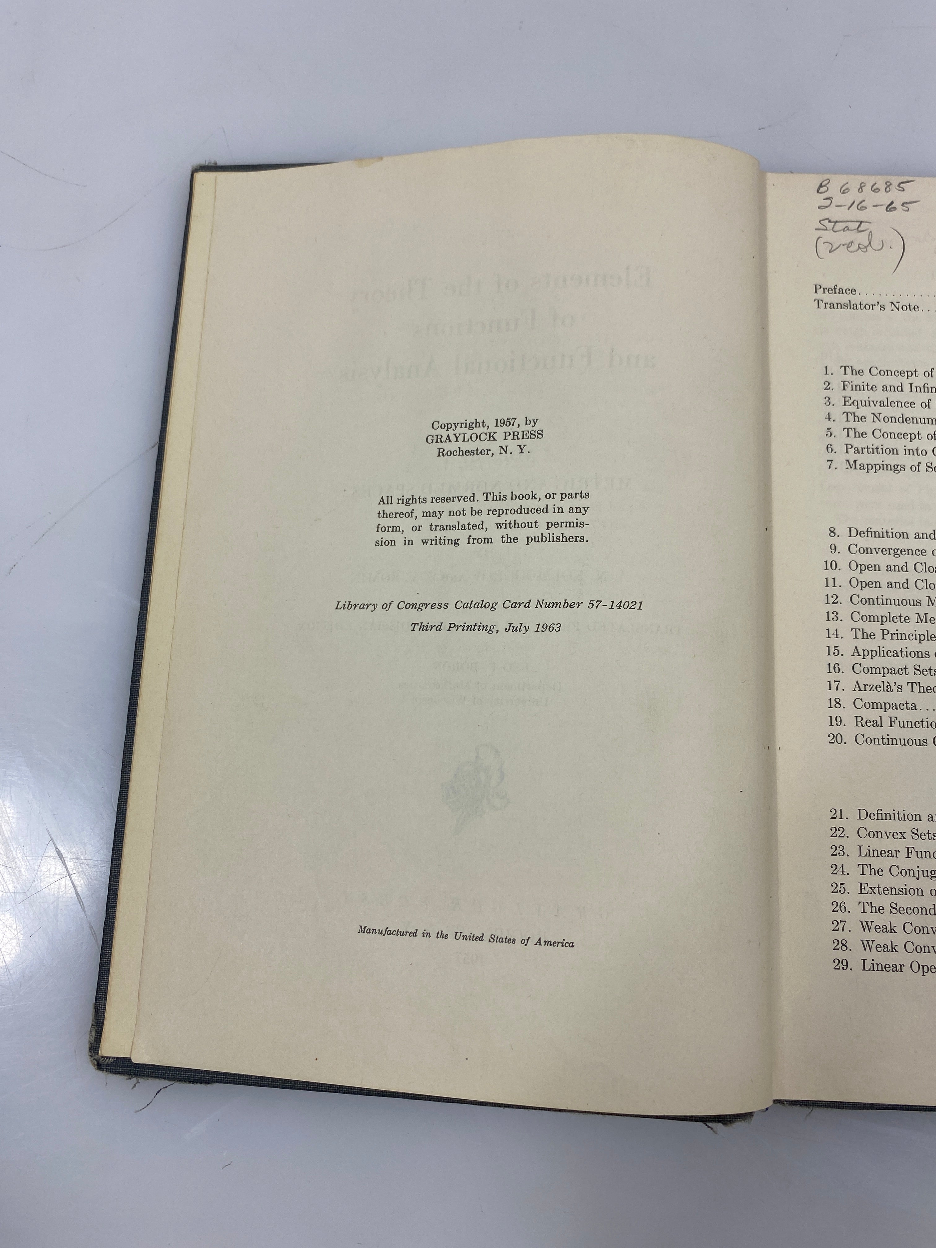 Elements of the Theory of Functions and Functional Analysis Vol. 1 Ex-library HC