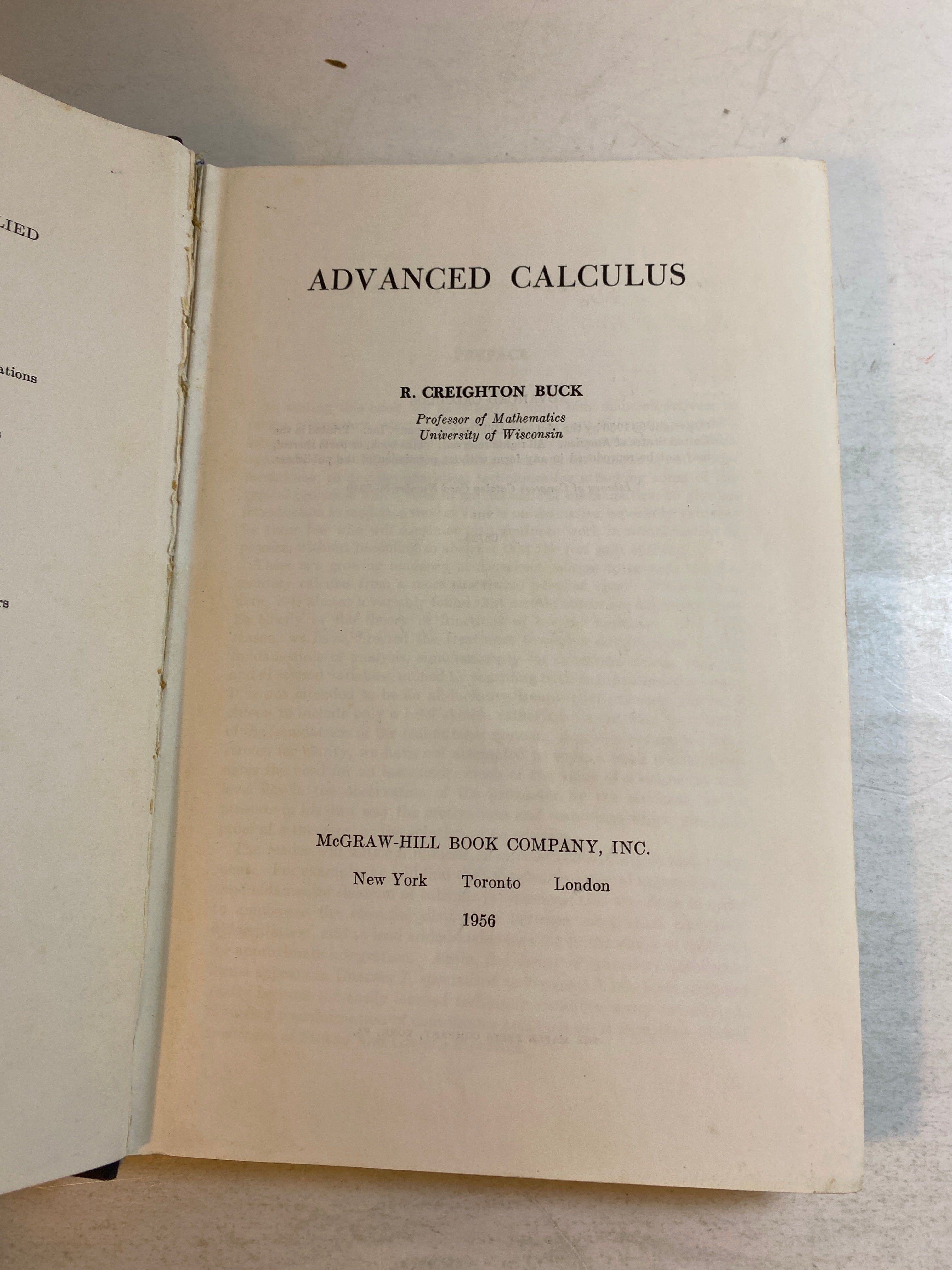 Advanced Calculus R. Creighton Buck 1956 HC