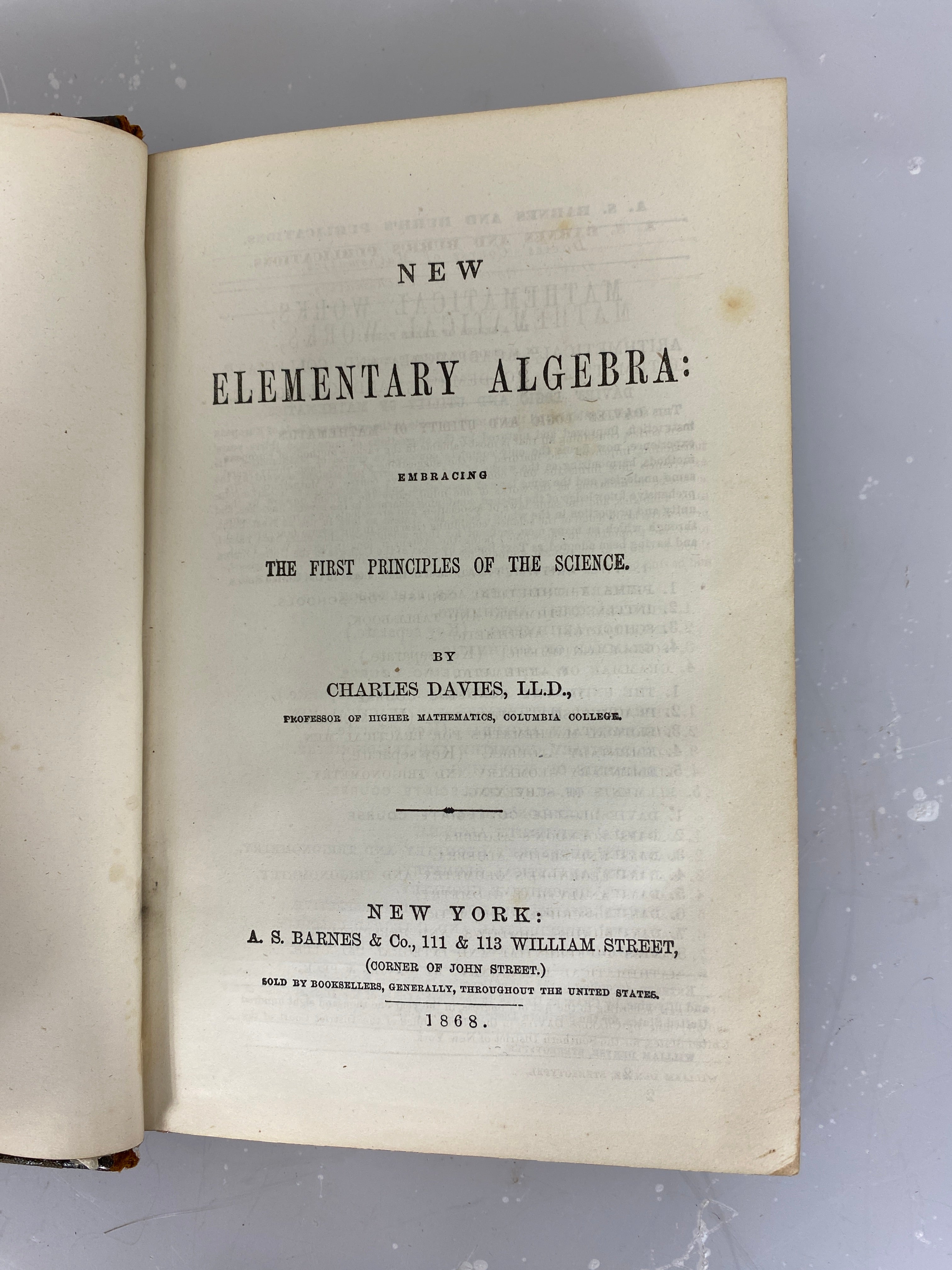 New Elementary Algebra by Charles Davies 1868 HC