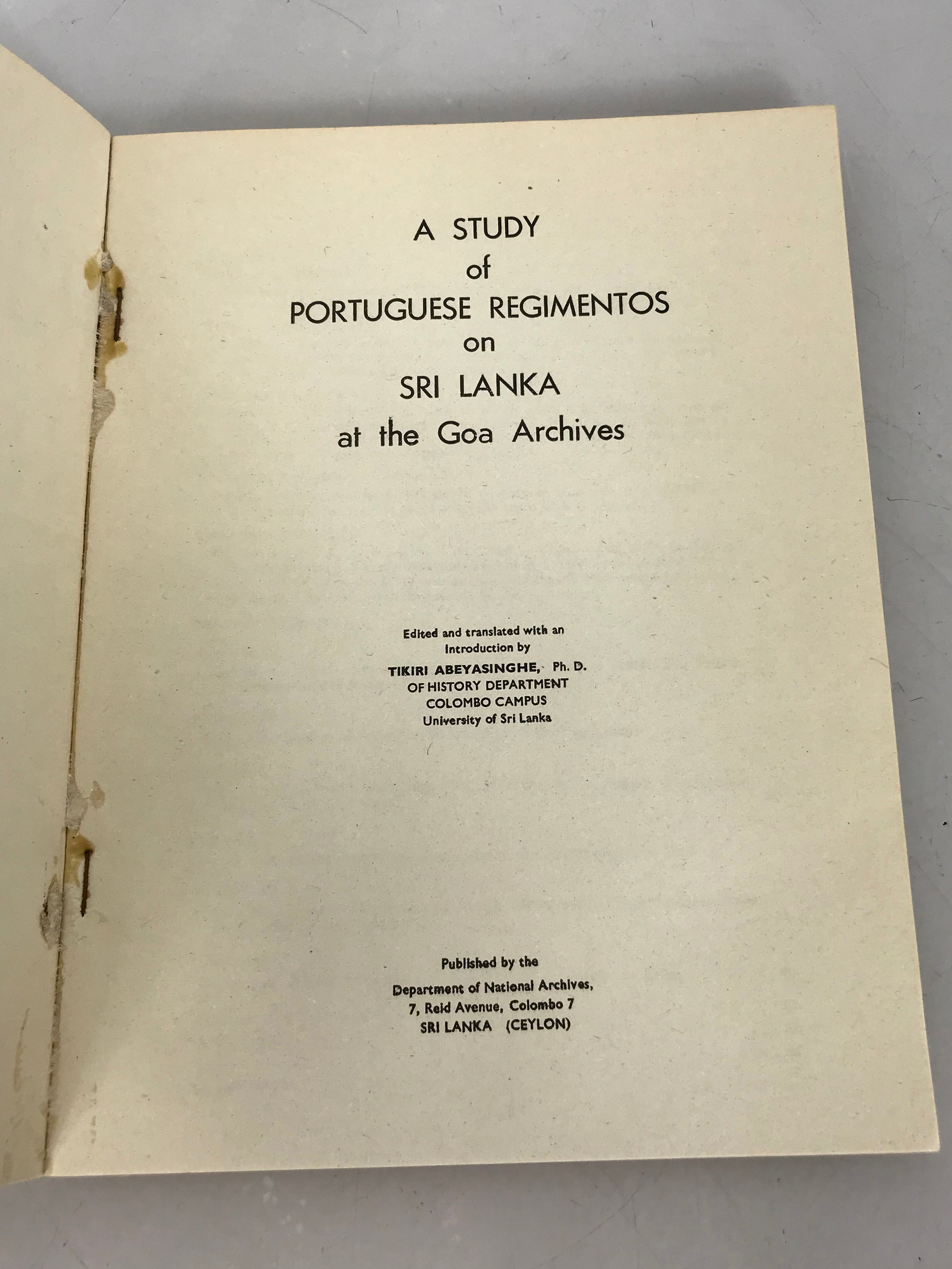 Portuguese Regimentos on Sri Lanka by Tikiri Abeyasinghe c1974 SC