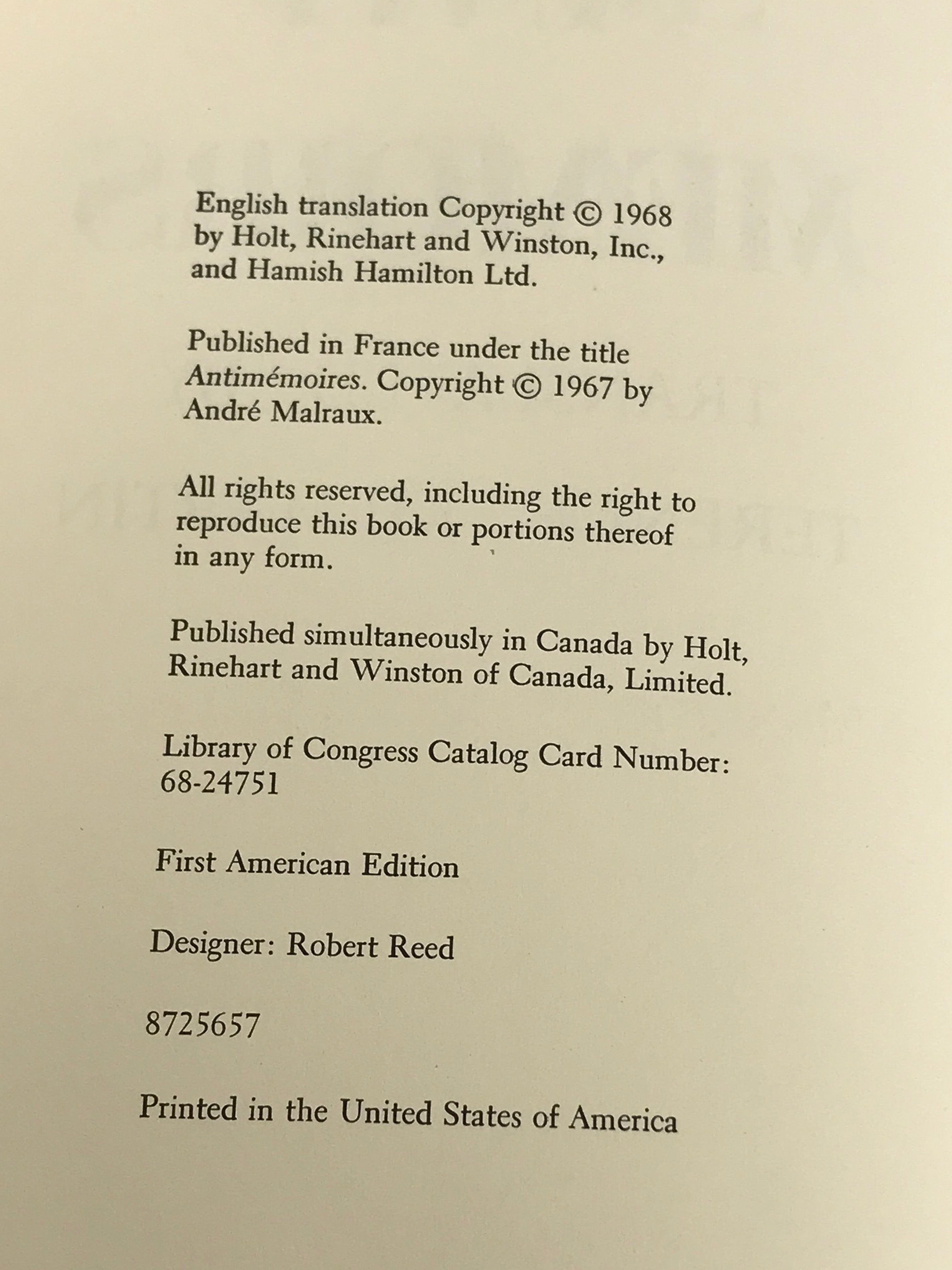 Andre Malraux Anti-Memoirs First American Edition 1968 HC DJ