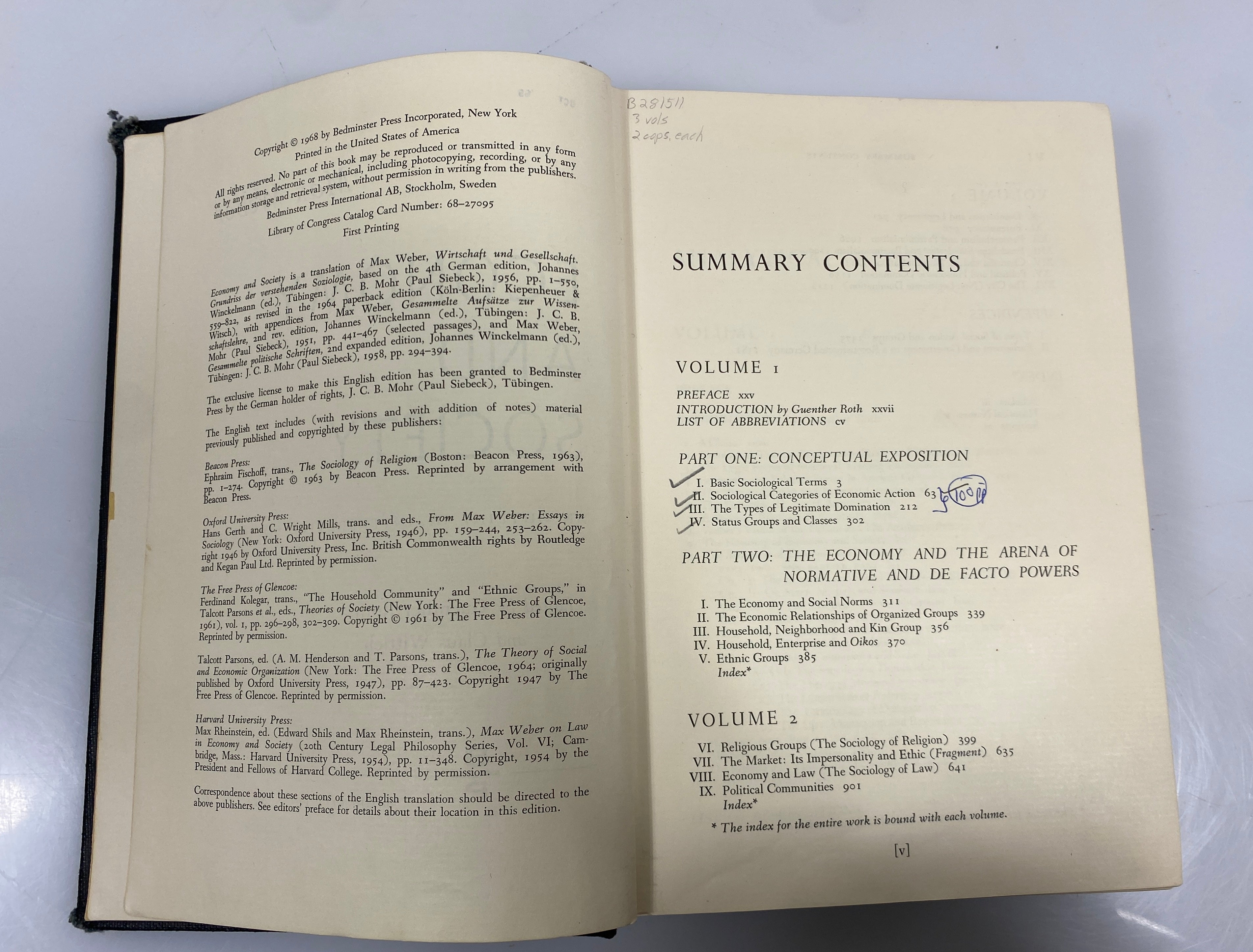 Max Weber Economy and Society Roth/Wittich Bedminster Press 1968 Ex-Library HC