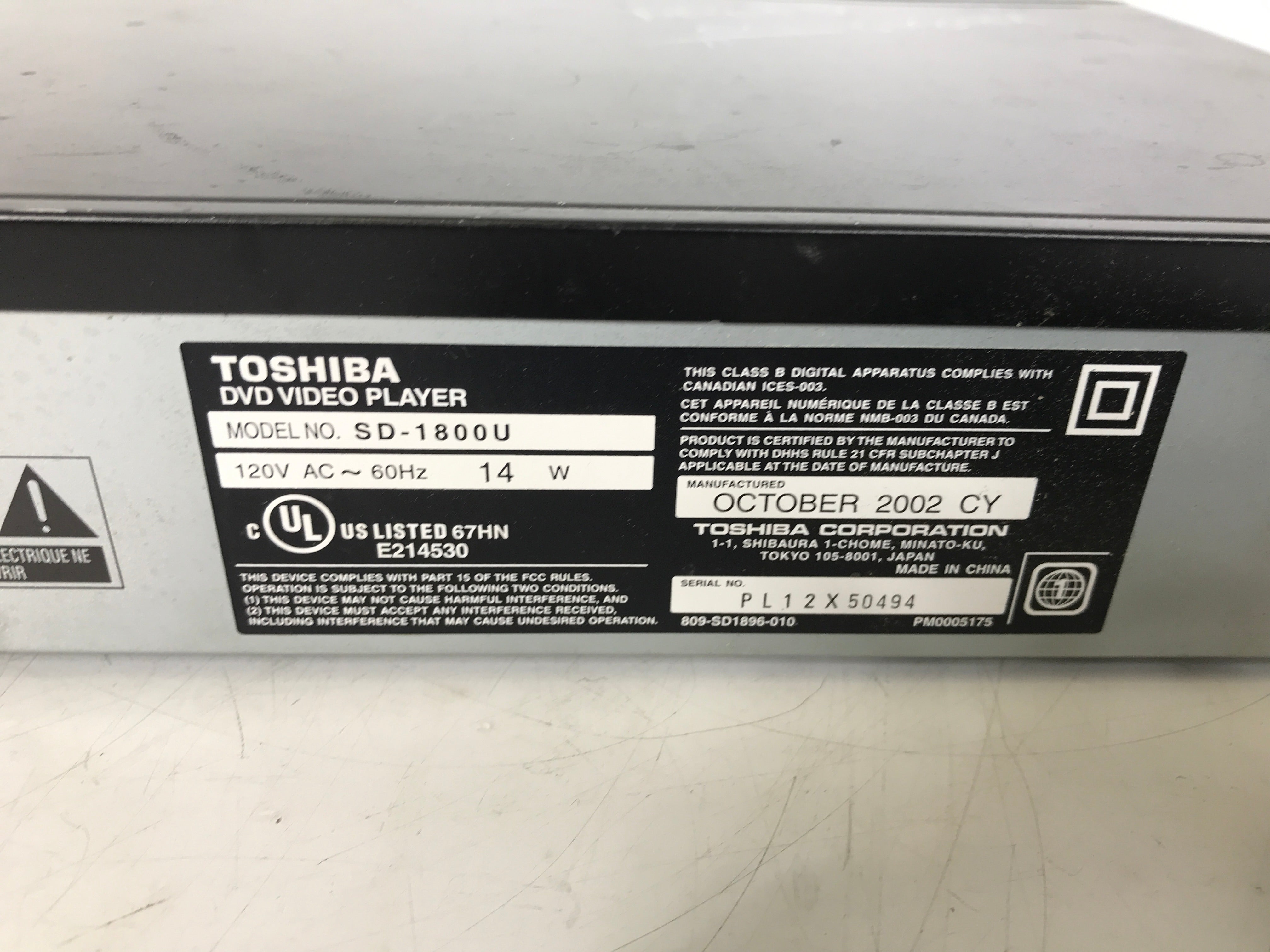 Toshiba SD-1800U DVD Video Player