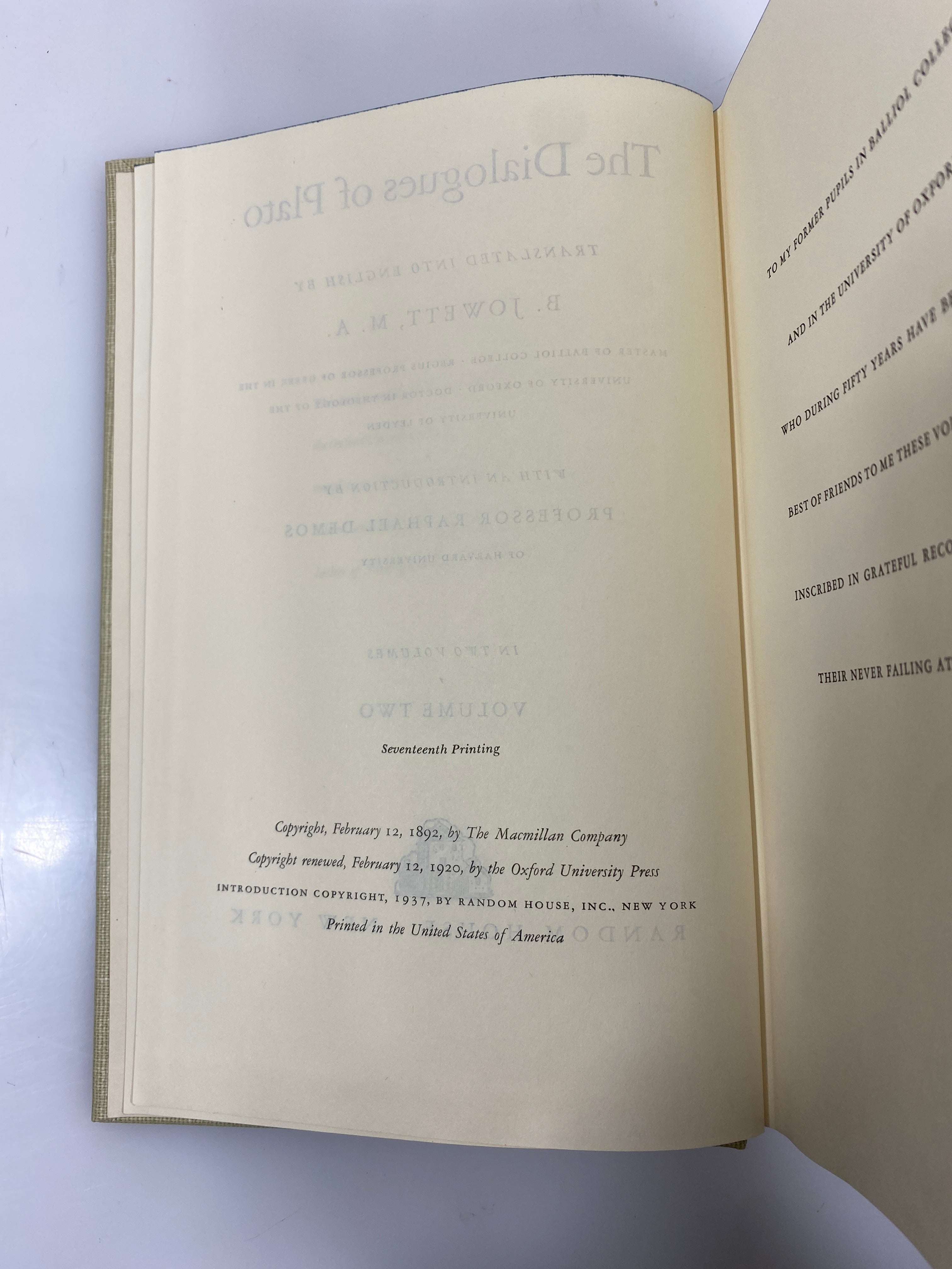 The Dialogues of Plato Vol. I-II Jowett 1937 17th Print HC Slipcase