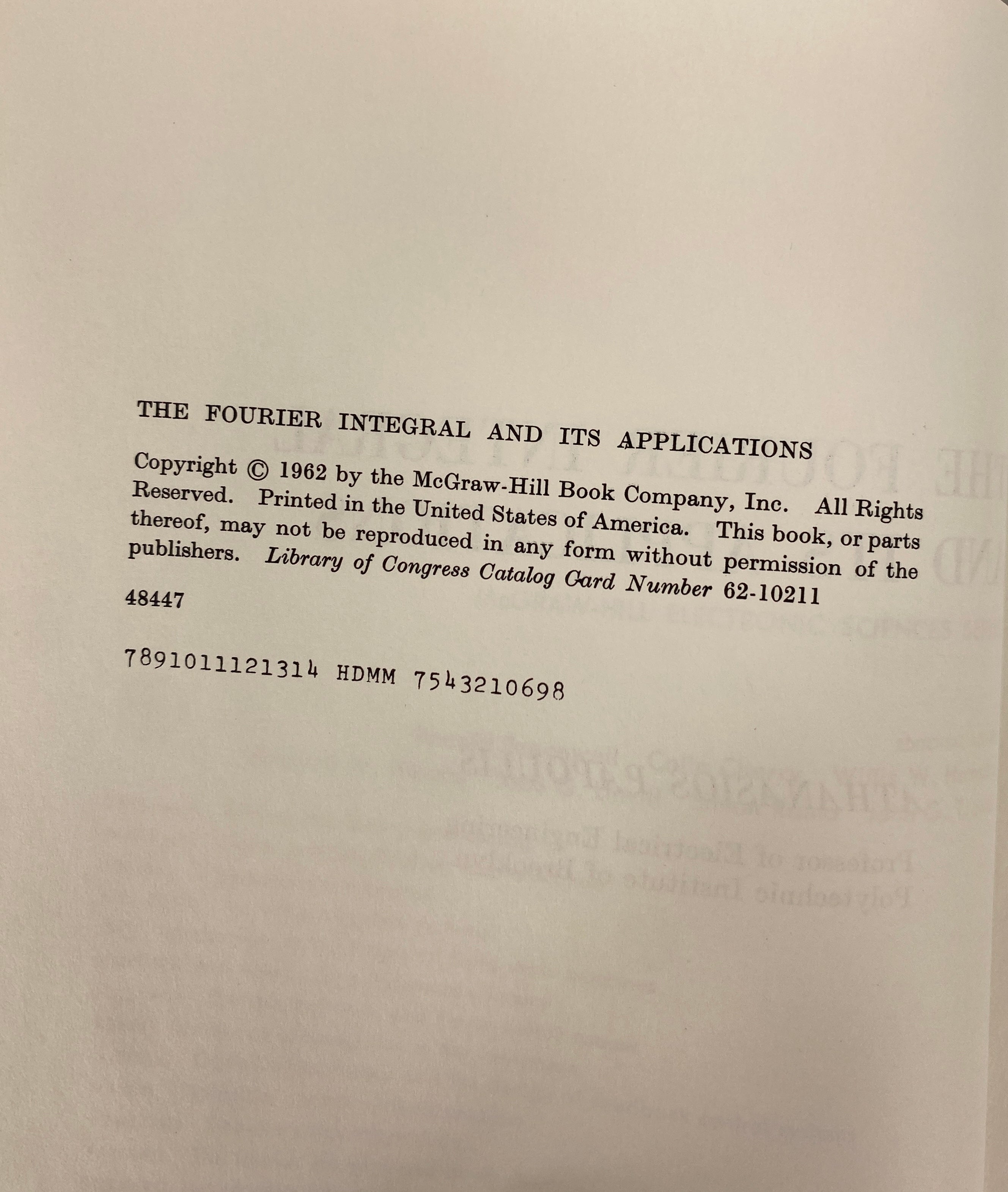 The Fourier Integral and Its Applications by Athanasios Papoulis 1962 HC DJ