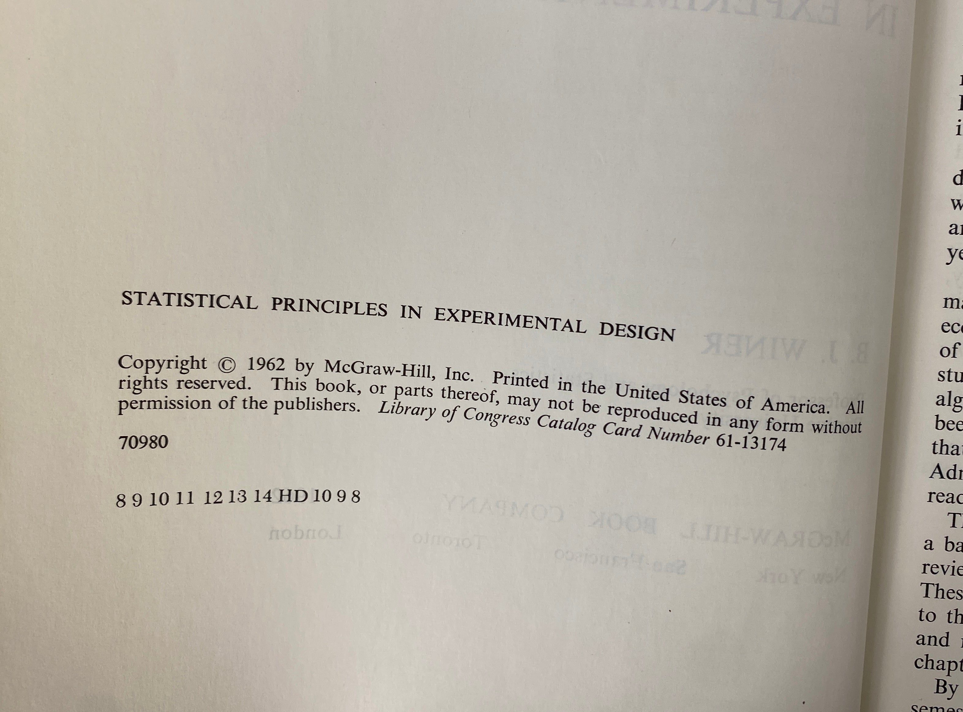 Statistical Principles in Experimental Design by B.J. Winer 1962 HC DJ