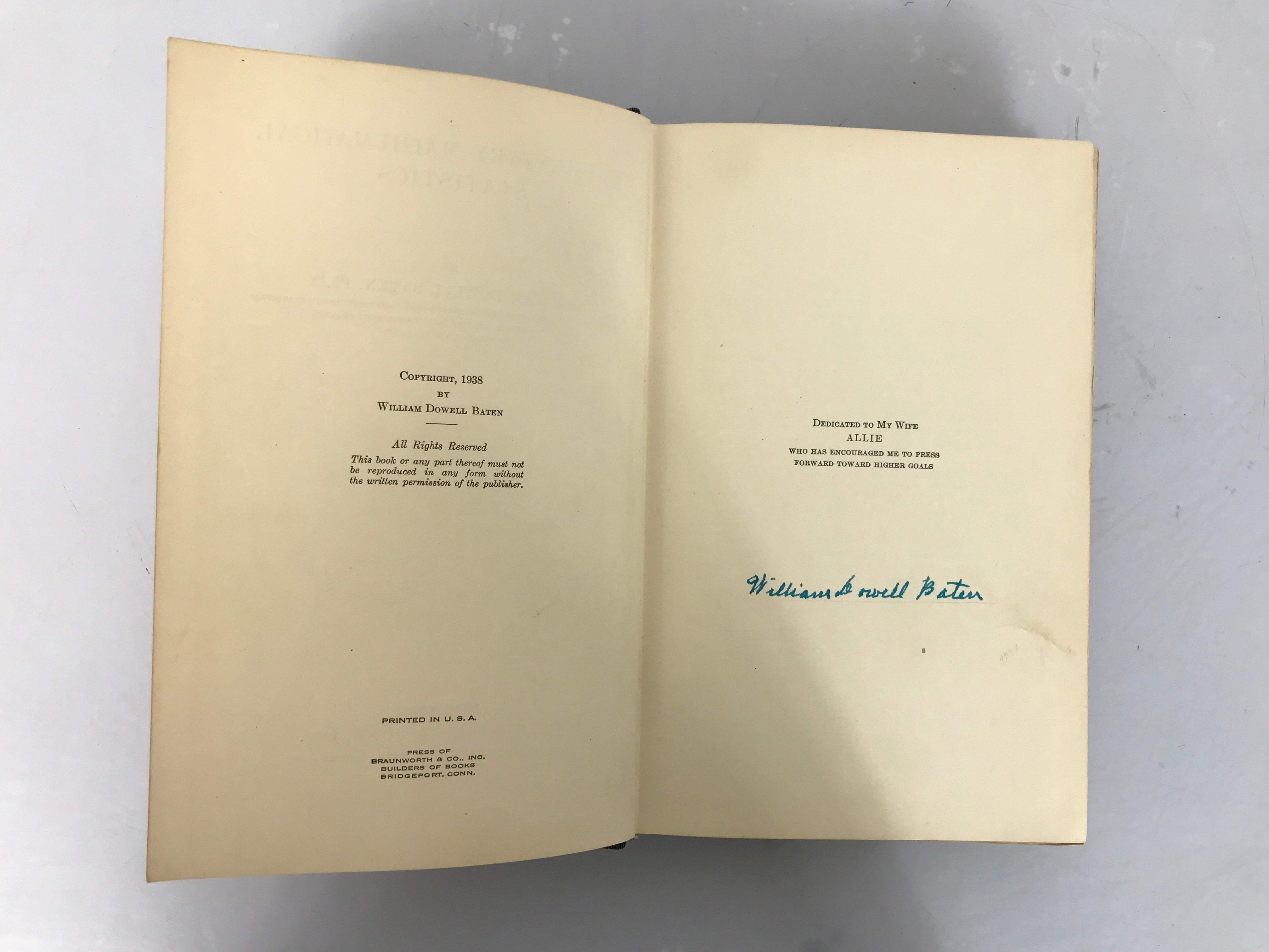 Signed Elementary Mathematical Statistics 1938 Rare HC John Wiley & Sons