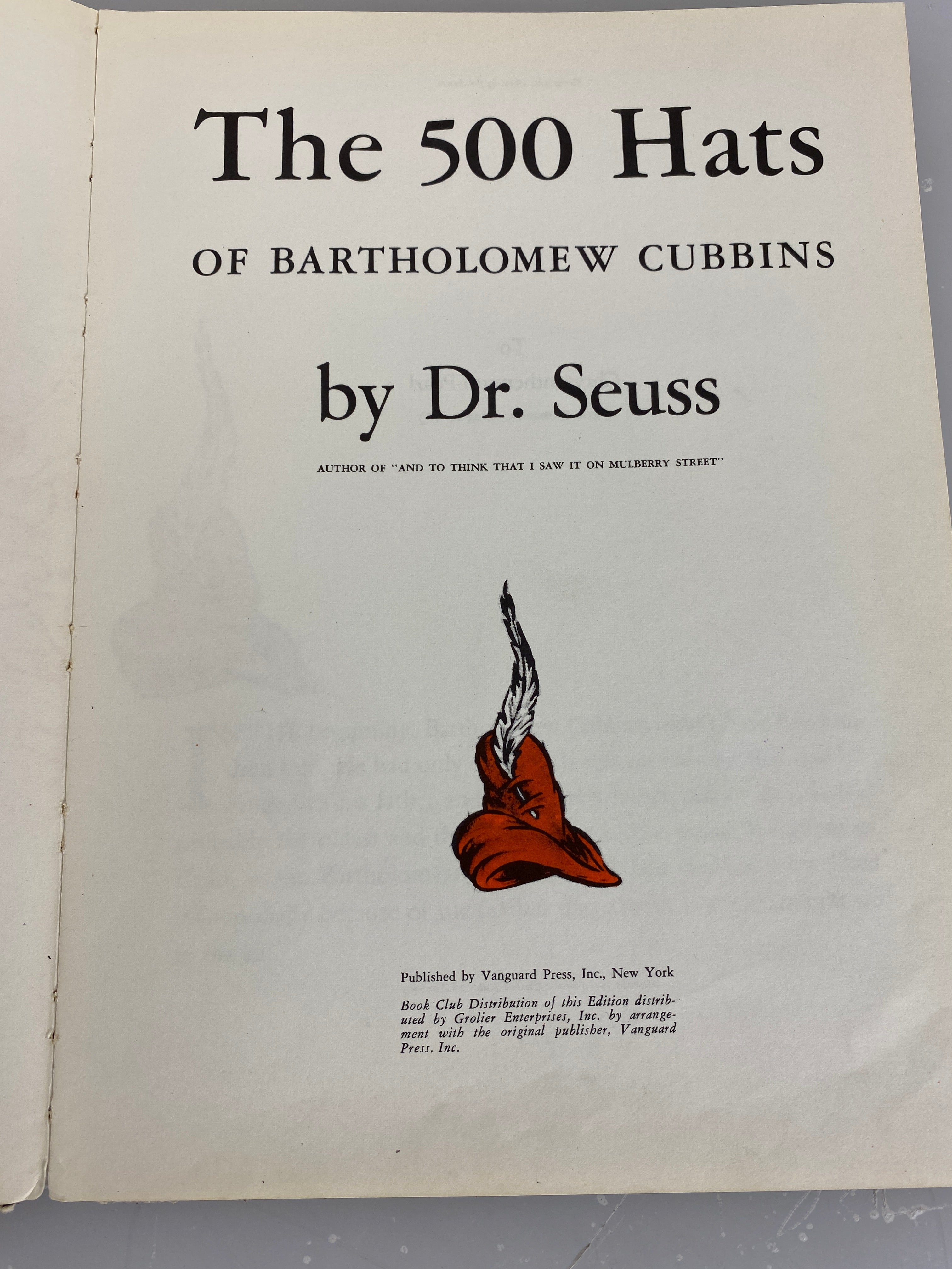 The 500 Hats of Bartholomew Cubbins Dr. Seuss Book Club Edition 1938 HC