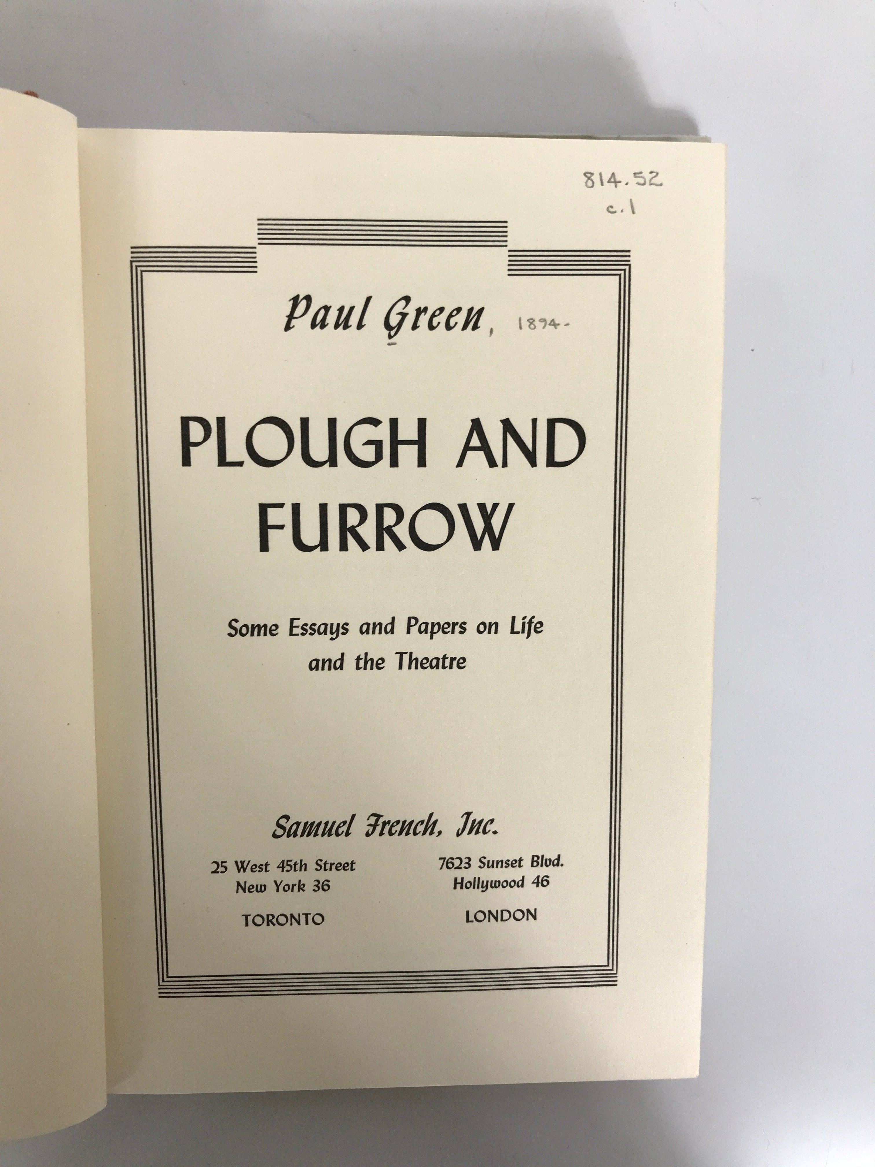 Plough and Furrow by Paul Green 1963 First Edition HC DJ Ex-Lib