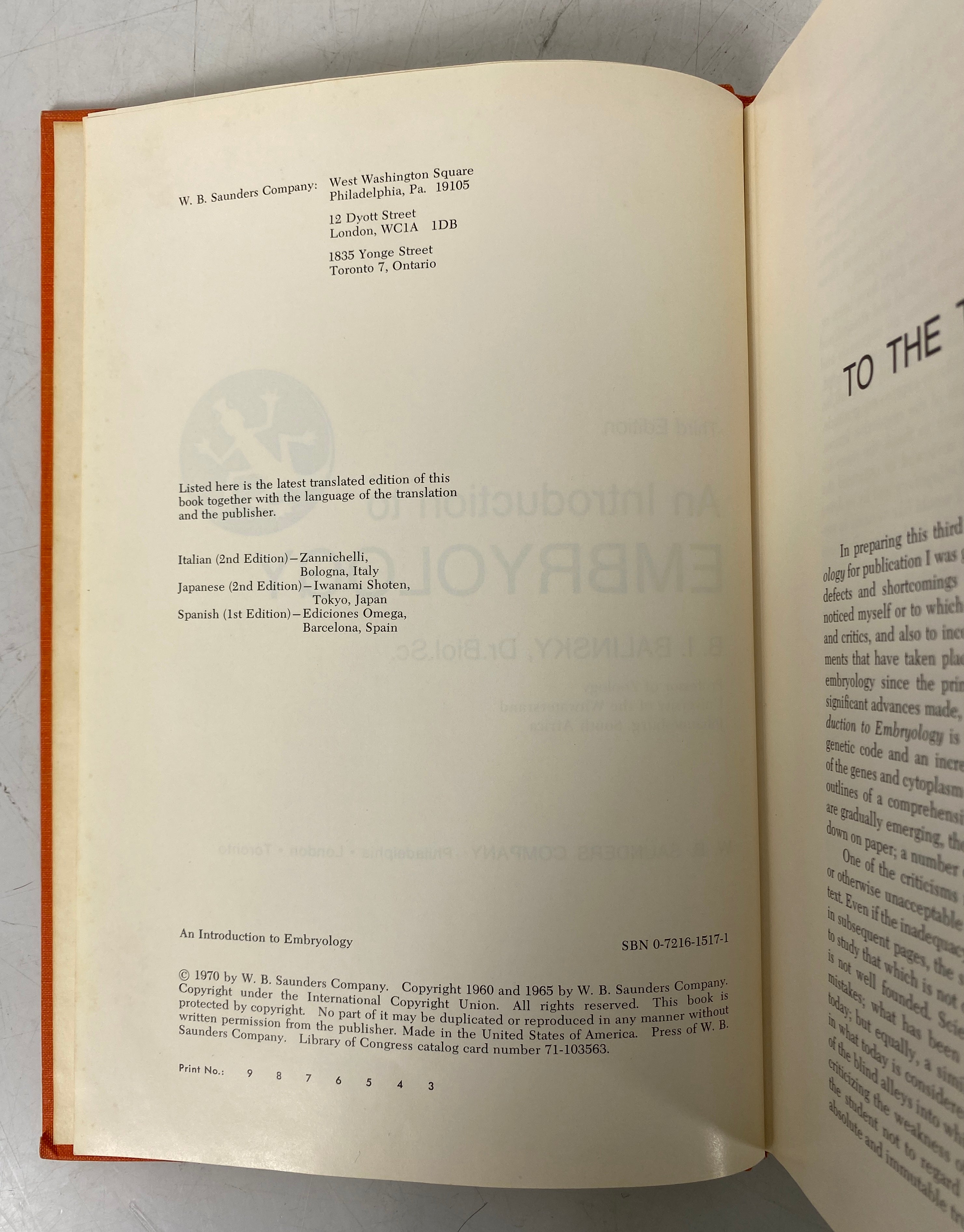 2 Vols: Principles of Embryology/An Introduction to Embryology 1960-70 HC