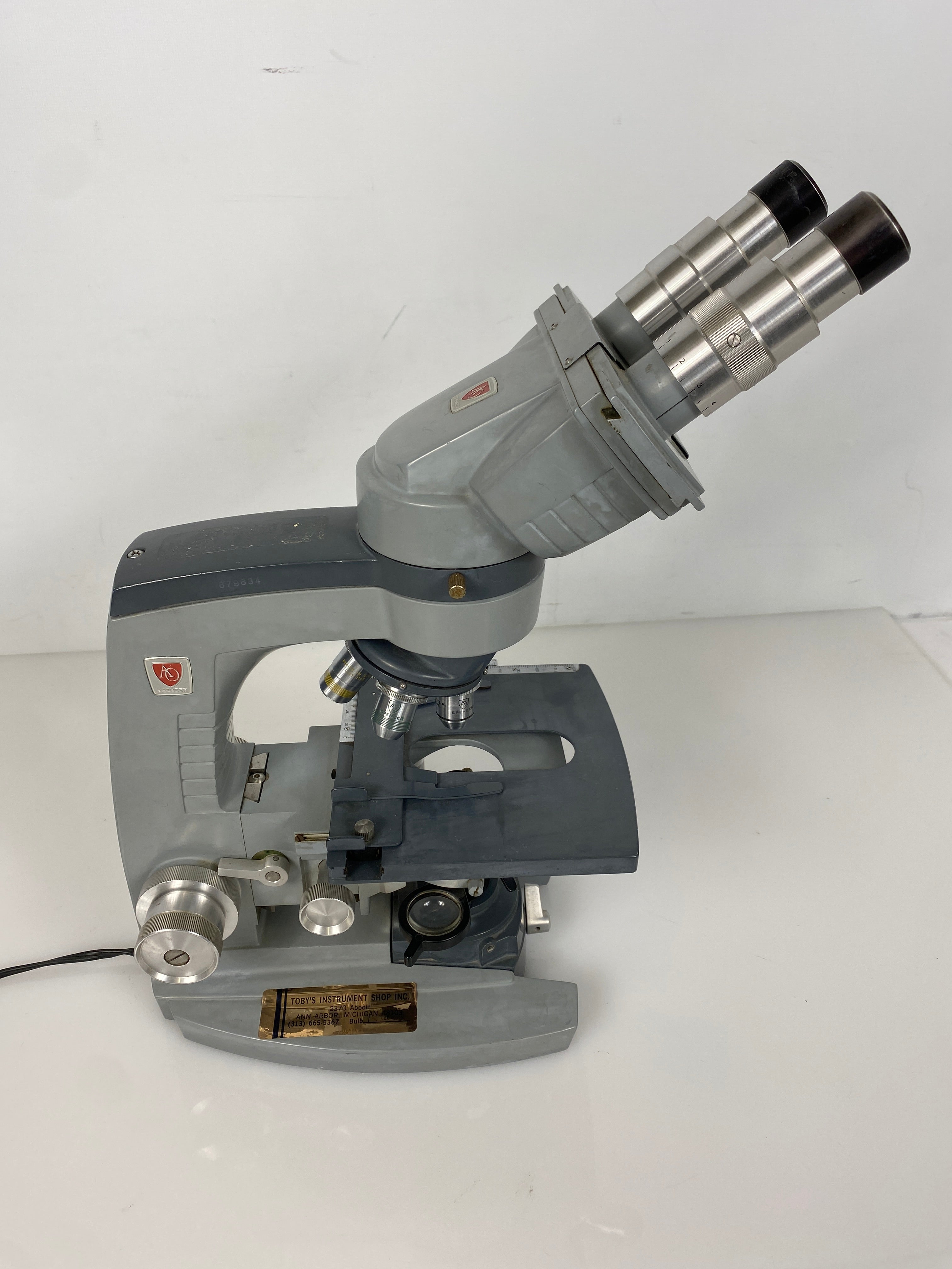 Vintage AO Spencer Model No. 1036 Microscope with Power Supply Transformer and 4 Objective Lenses