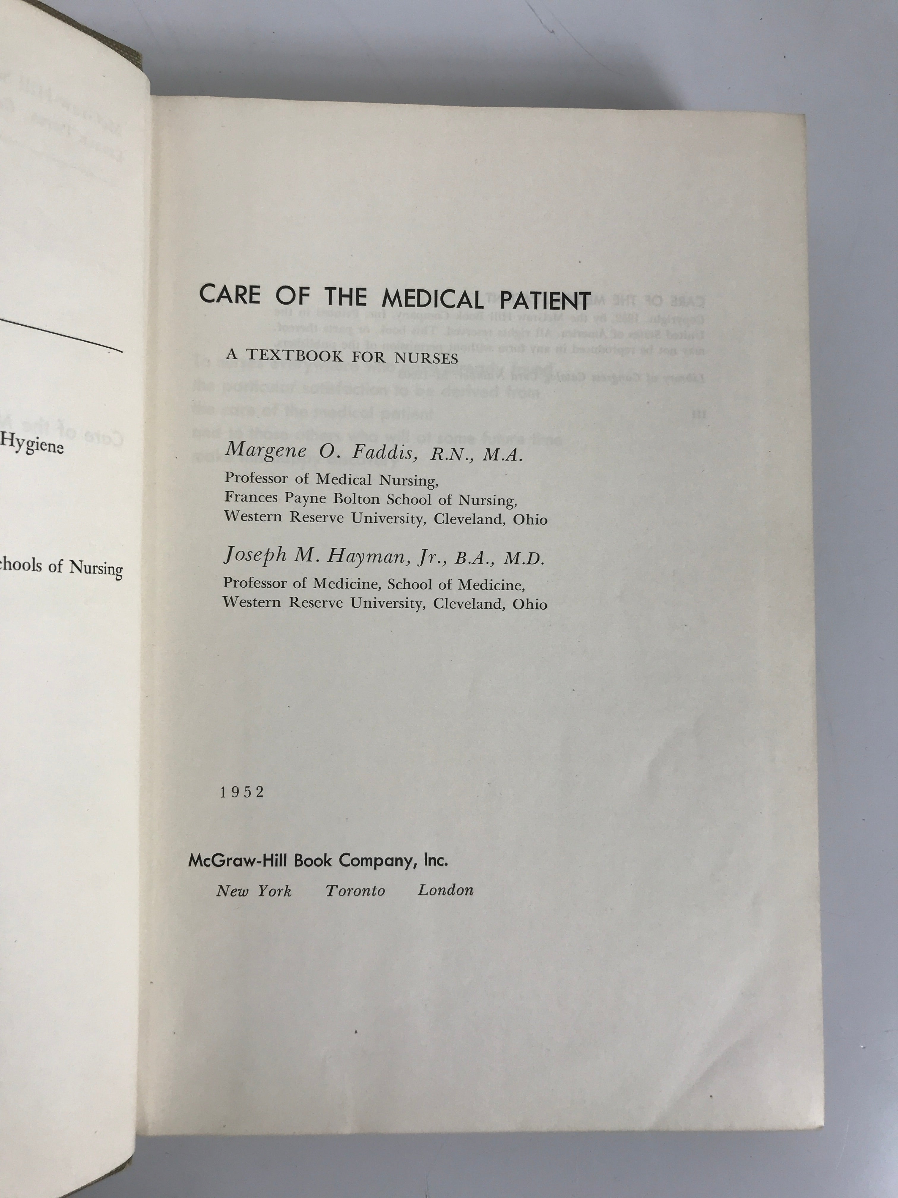 Care of the Medical Patient for Nurses Faddis/Hayman 1952 HC