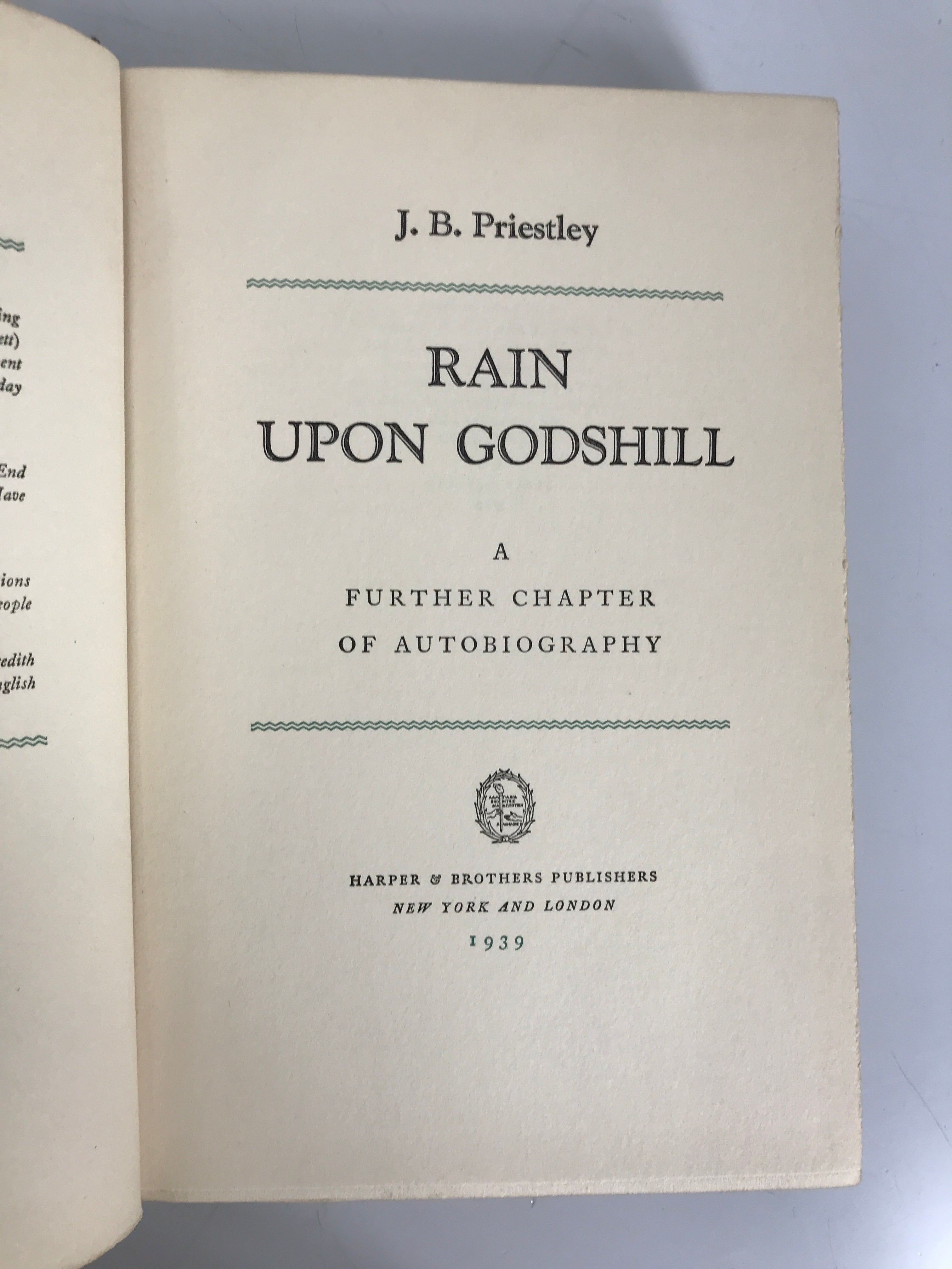 Rain Upon Godshill J.B. Priestley 1939 First Edition HC