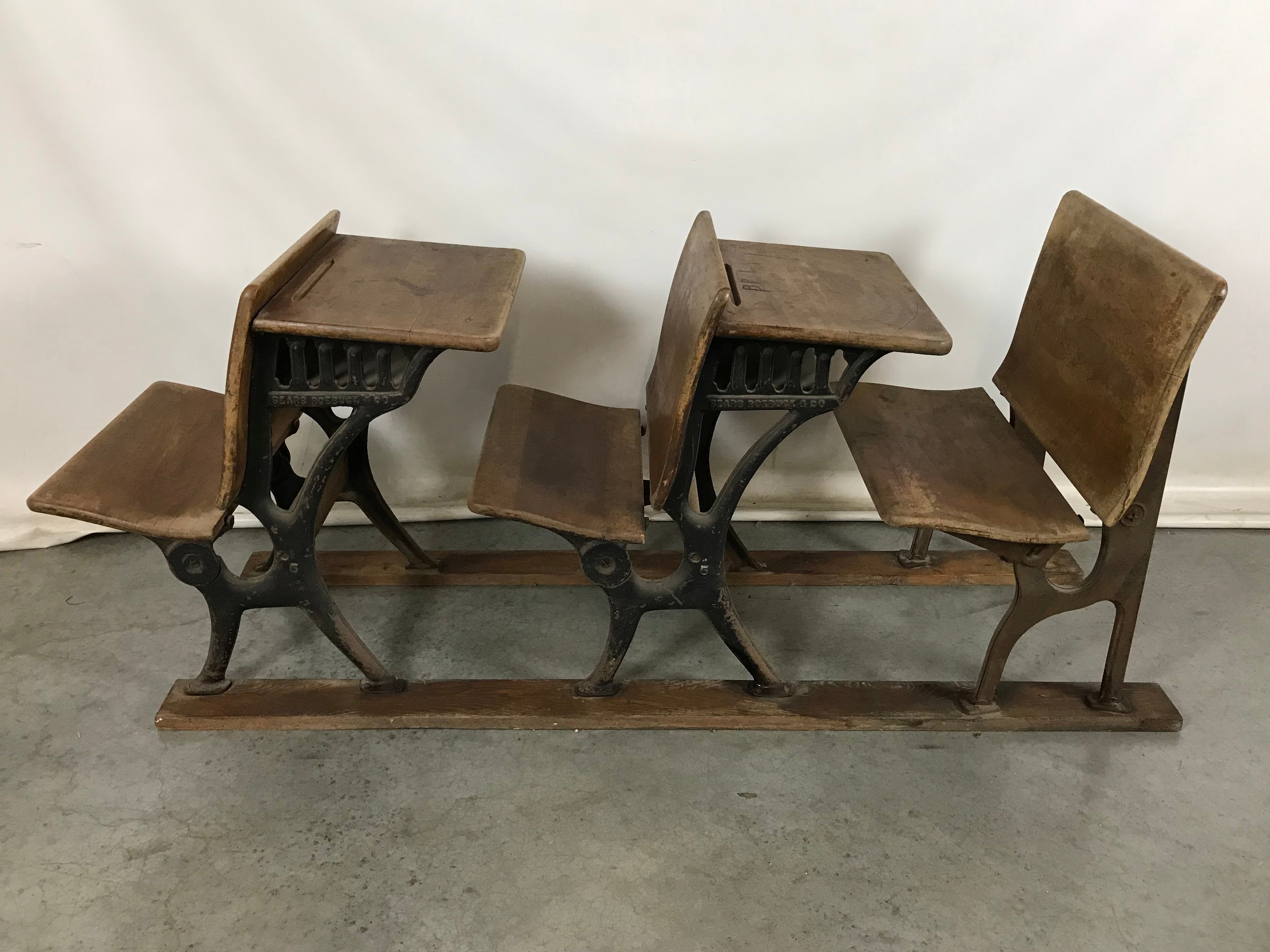 Antique Sears 3-Seat Wood School Desk Row