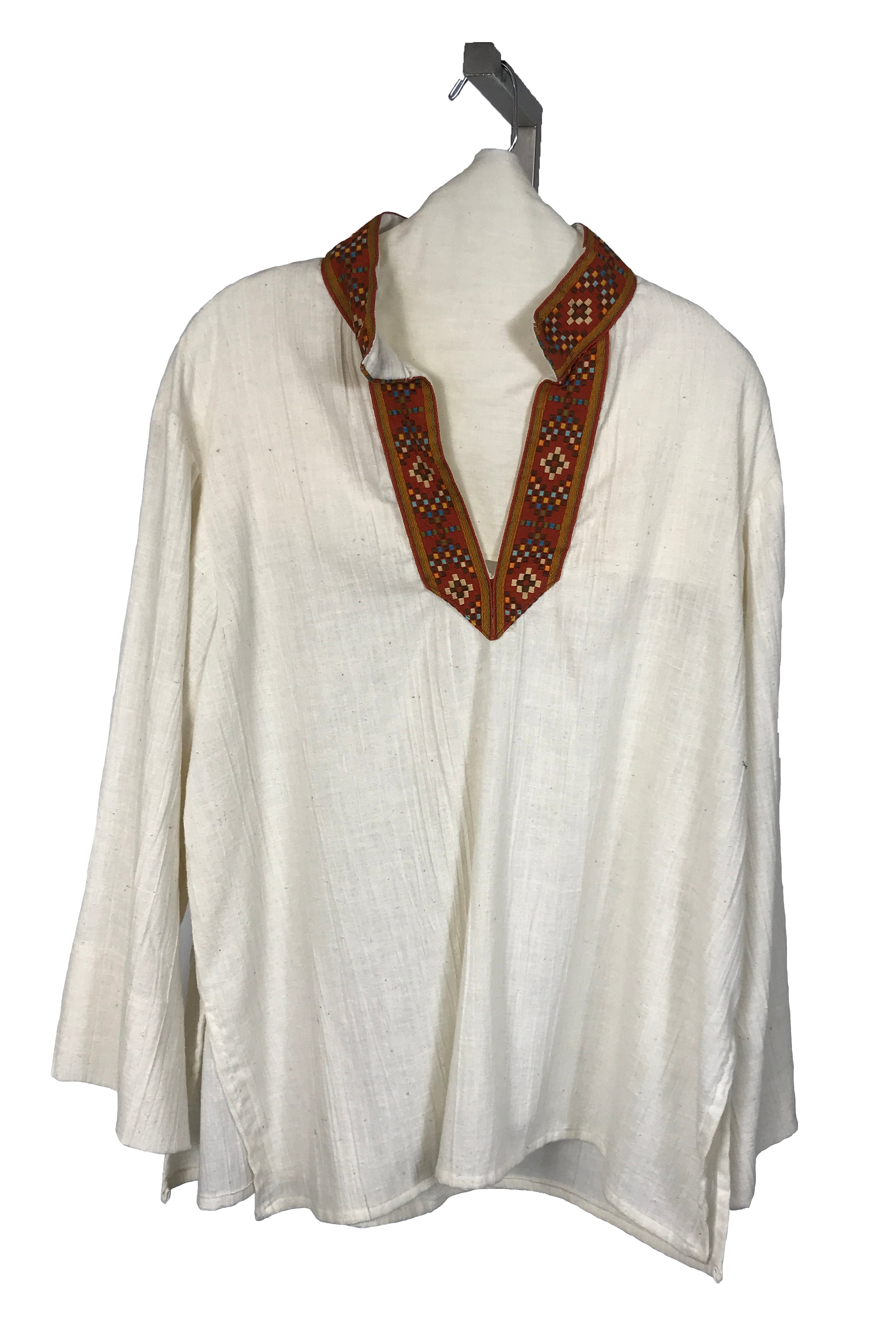 Vintage White Linen Shirt with Embroidered Collar