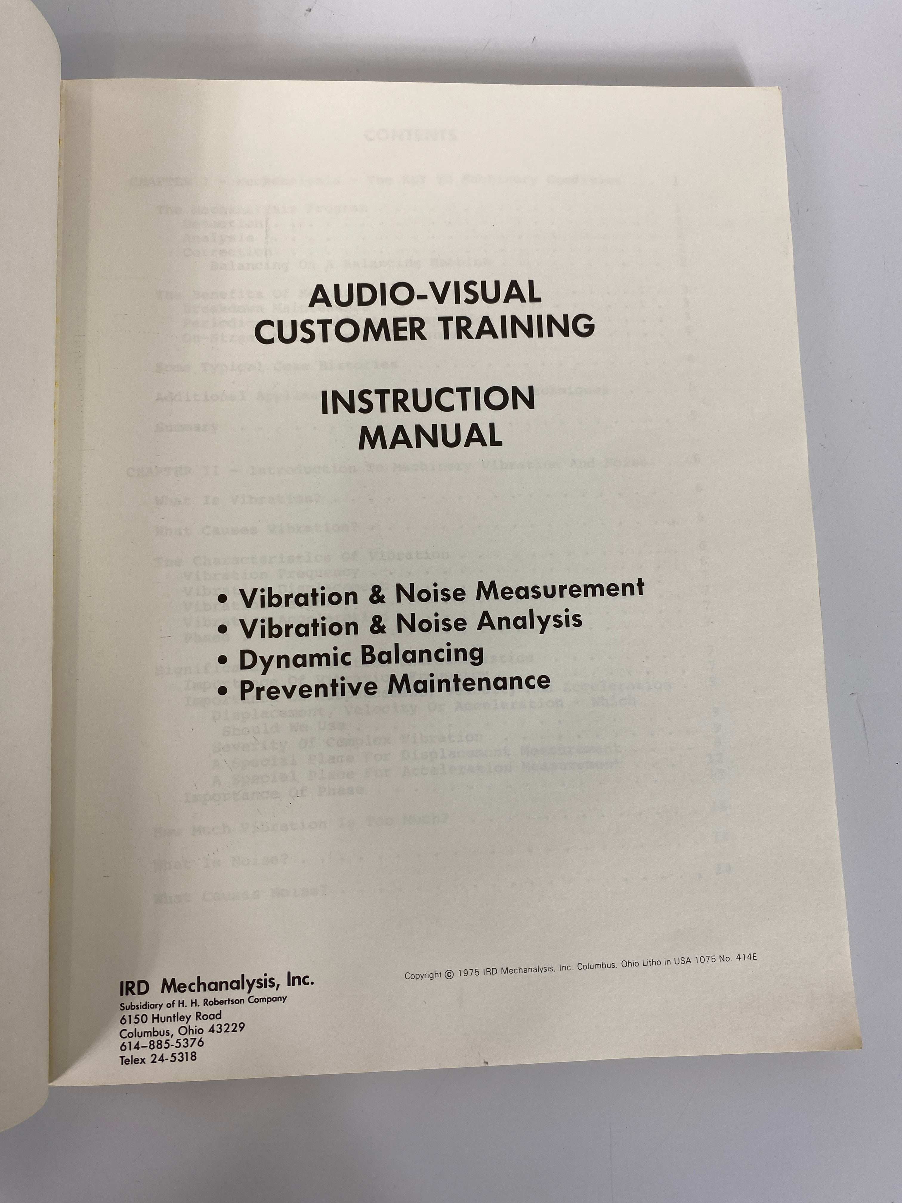 IRD Mechanalysis Audio-Visual Customer Training Instruction Manual 1975 SC