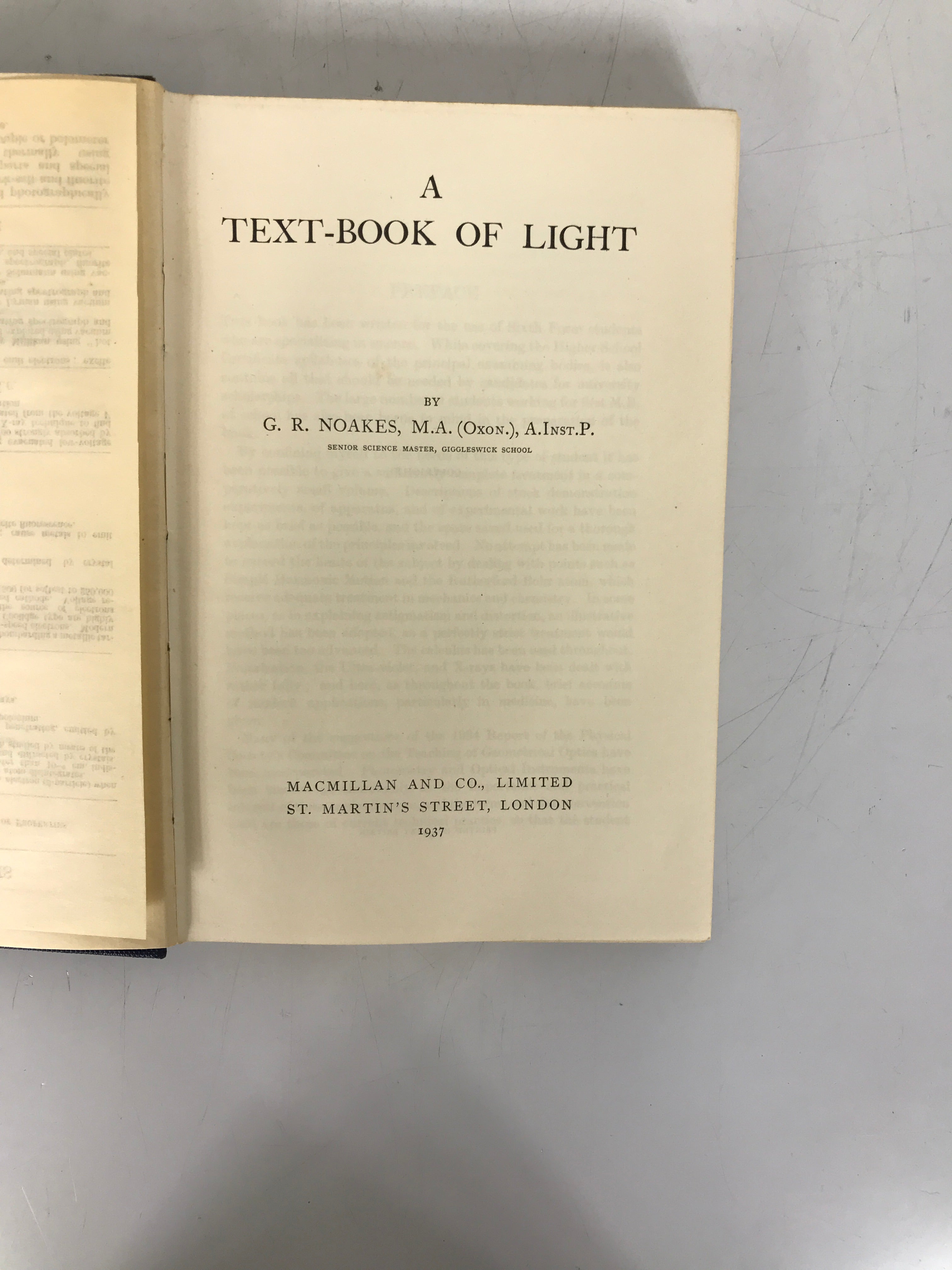 A Text-Book of Light by G.R. Noakes 1937 Rare First Edition HC