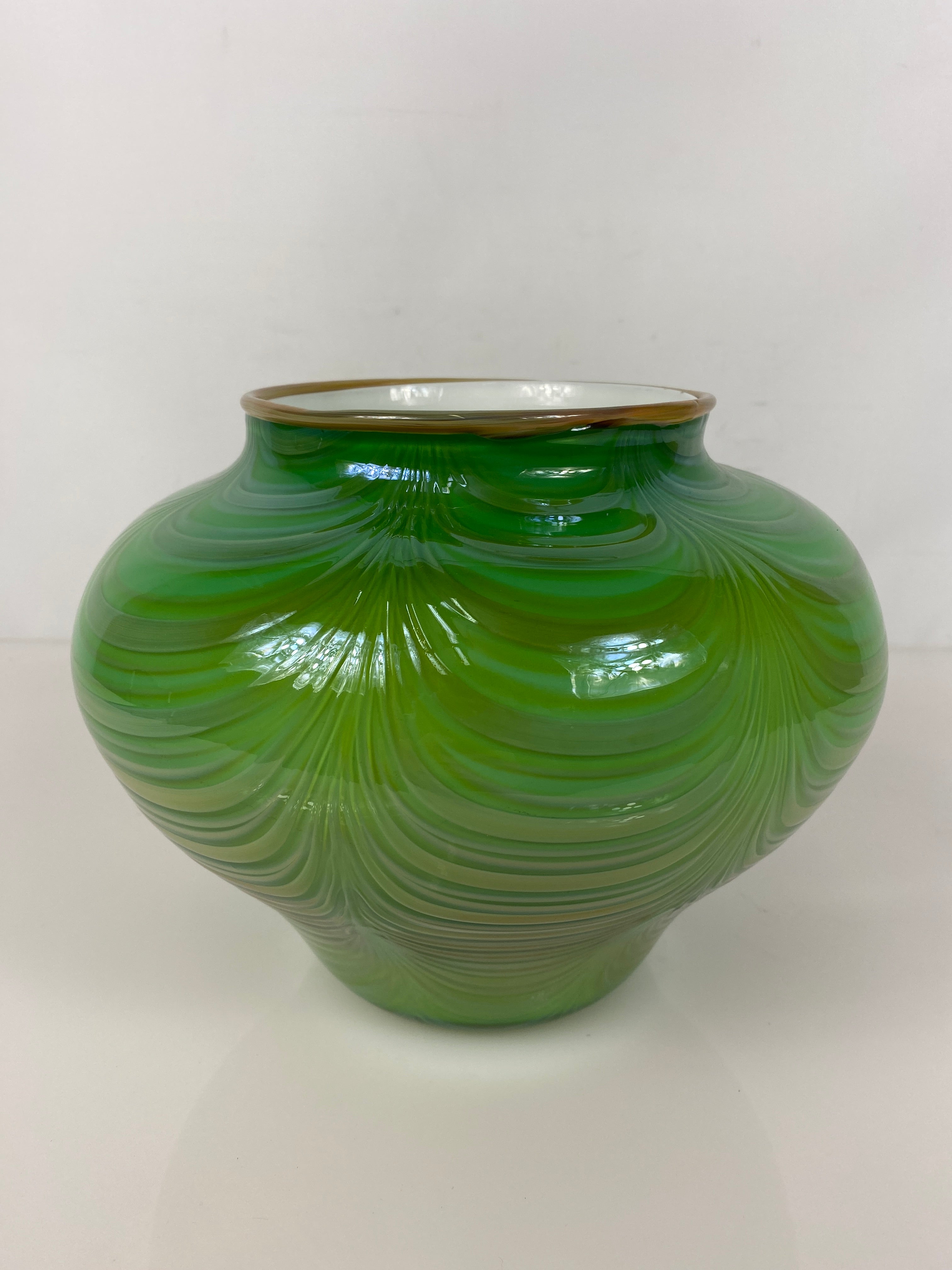 Signed Glass Blown Short Green Vase