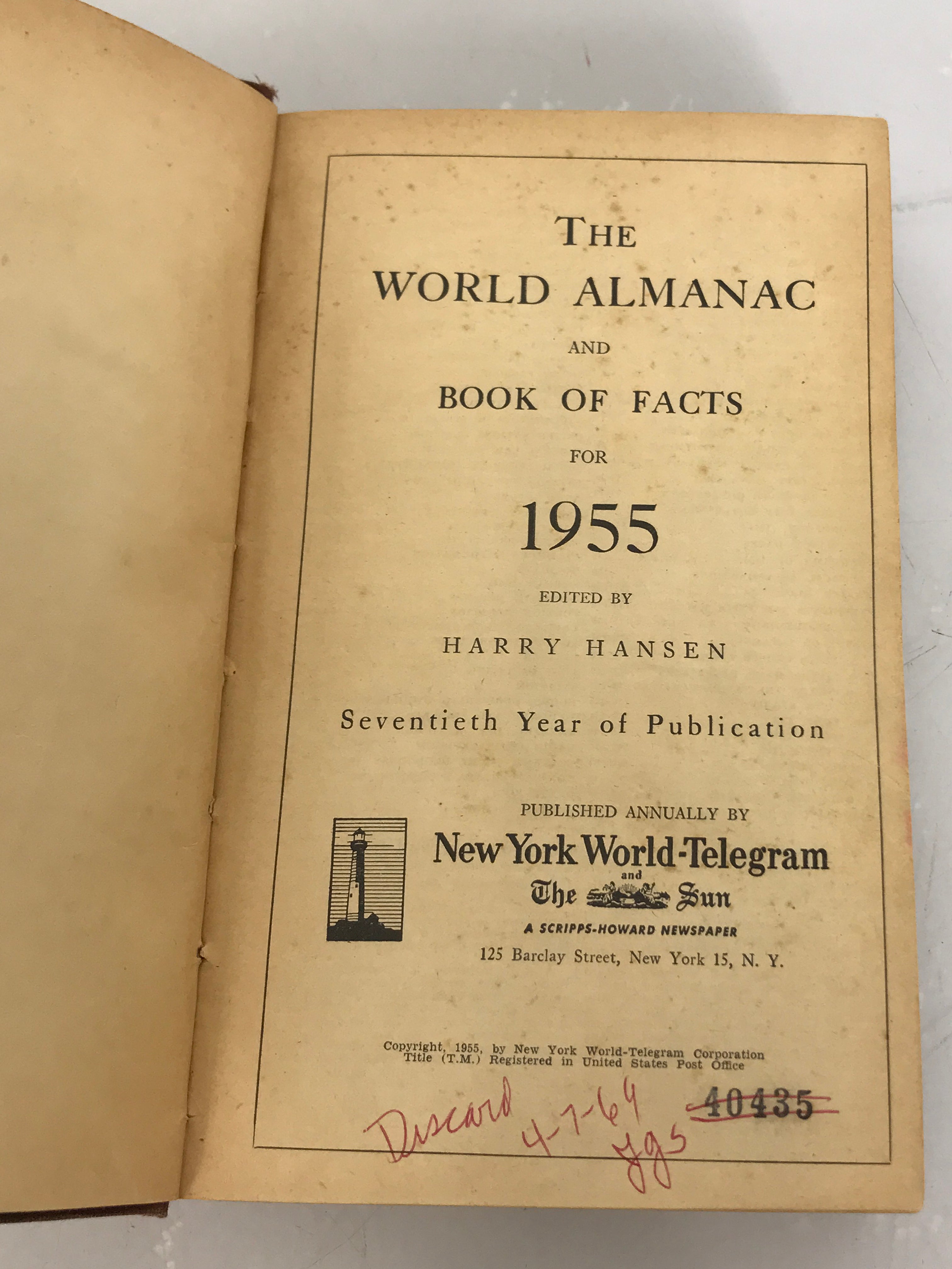 The World Almanac and Book of Facts for 1955 by Harry Hansen HC