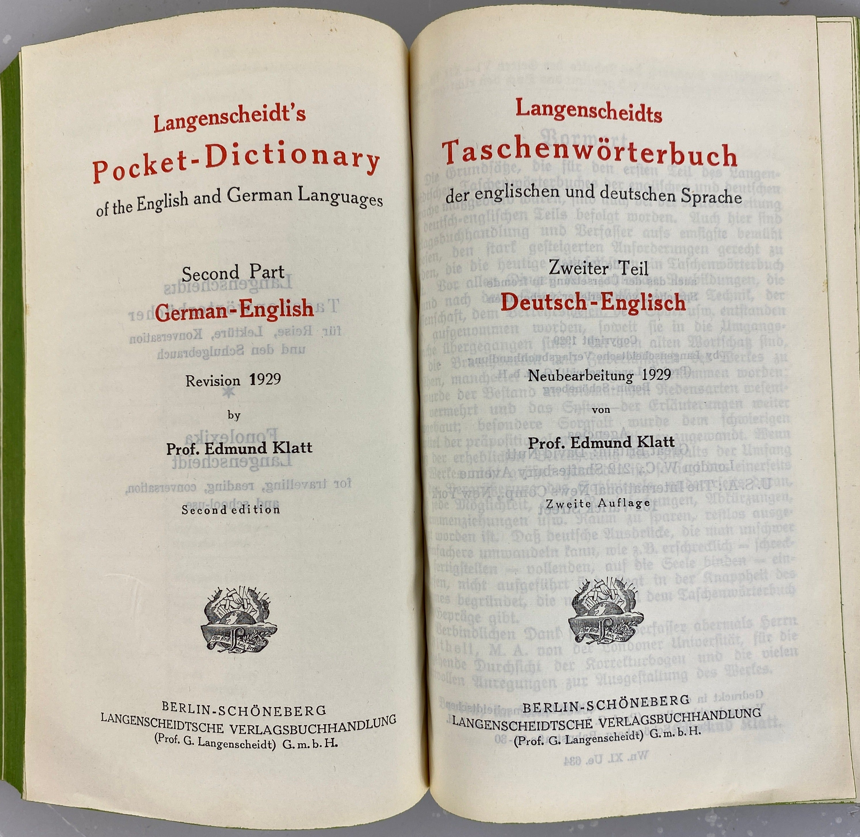 Langenscheidt's Pocket Dictionary of the English and German Languages 1929 SC
