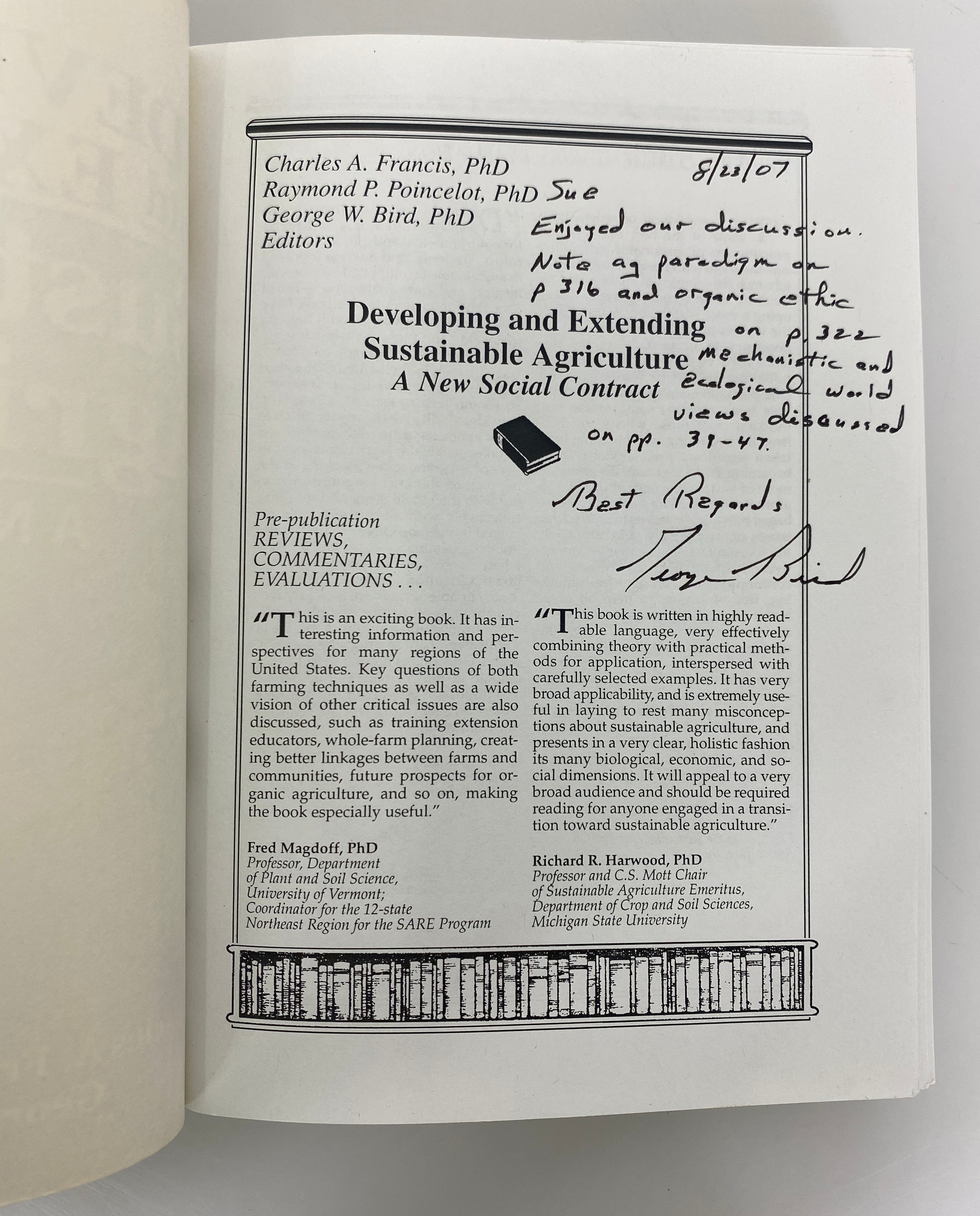 Developing & Extending Sustainable Agriculture 2006 Inscribed 1st Edition SC