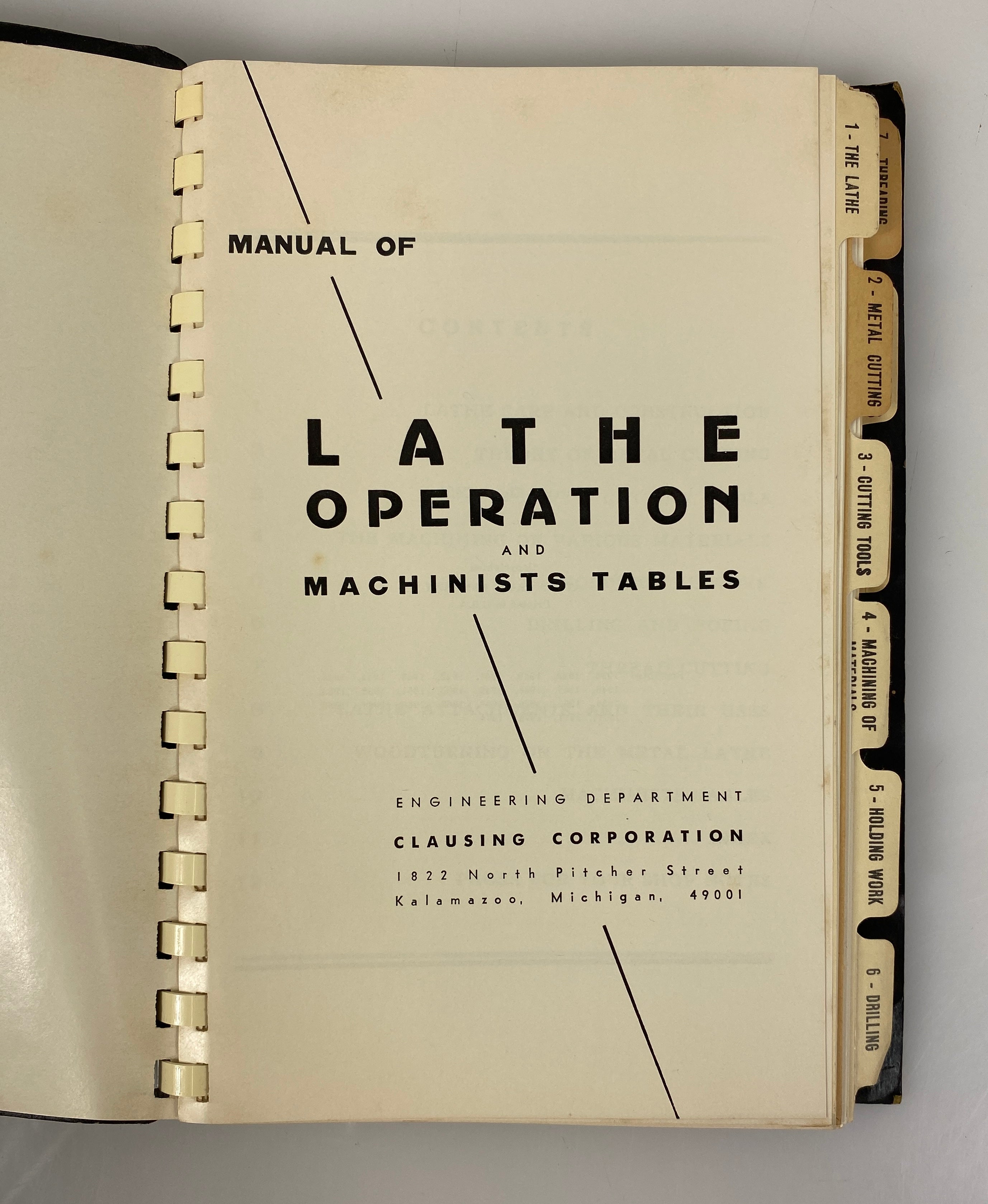 Manual of Lathe Operation & Machinists Tables 1974 Clausing Corp Spiral SC
