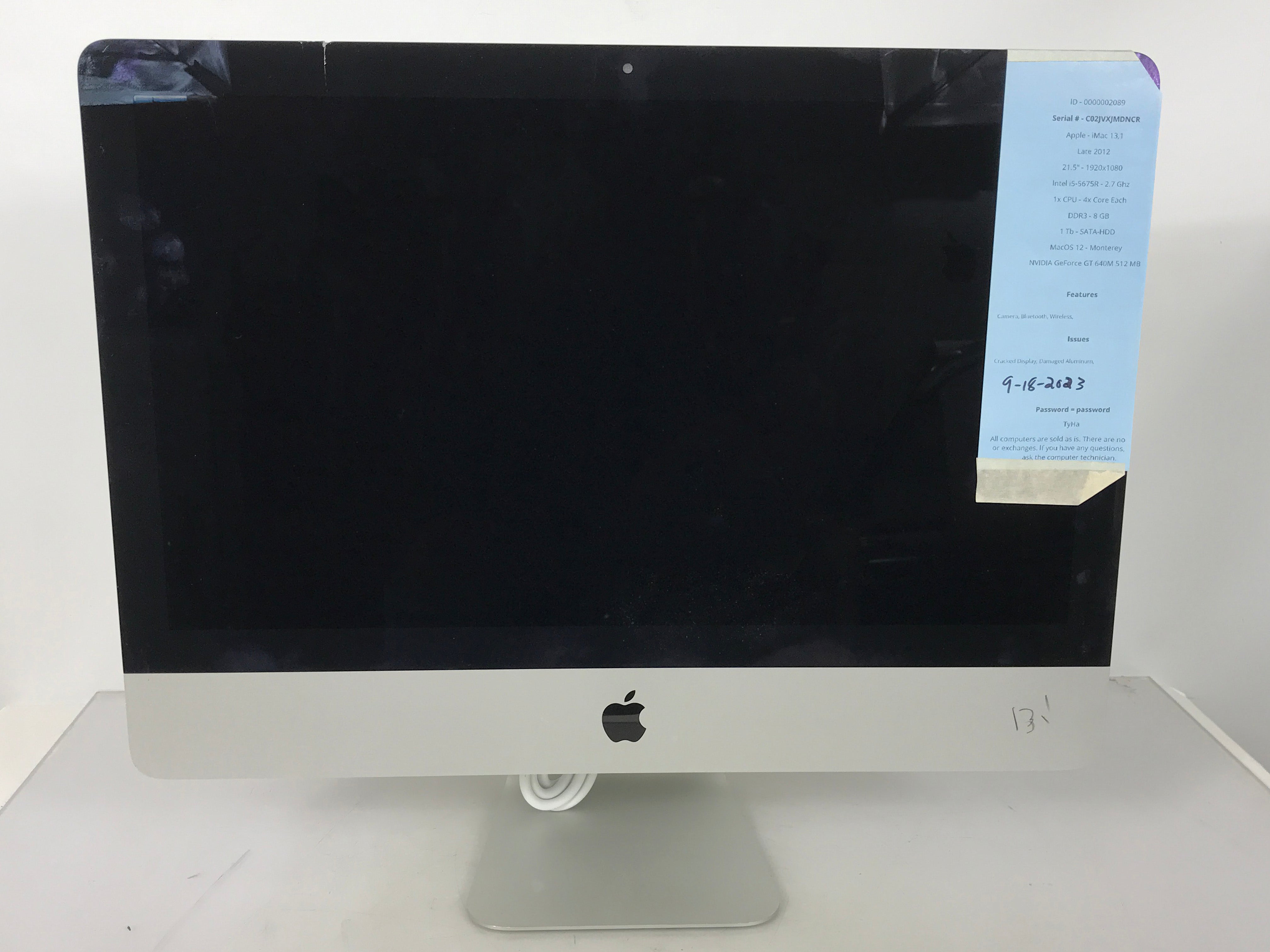 Apple iMac 2.7Ghz i5 21.5-Inch (Late-2012) *Cracked Display, Damaged Aluminum*