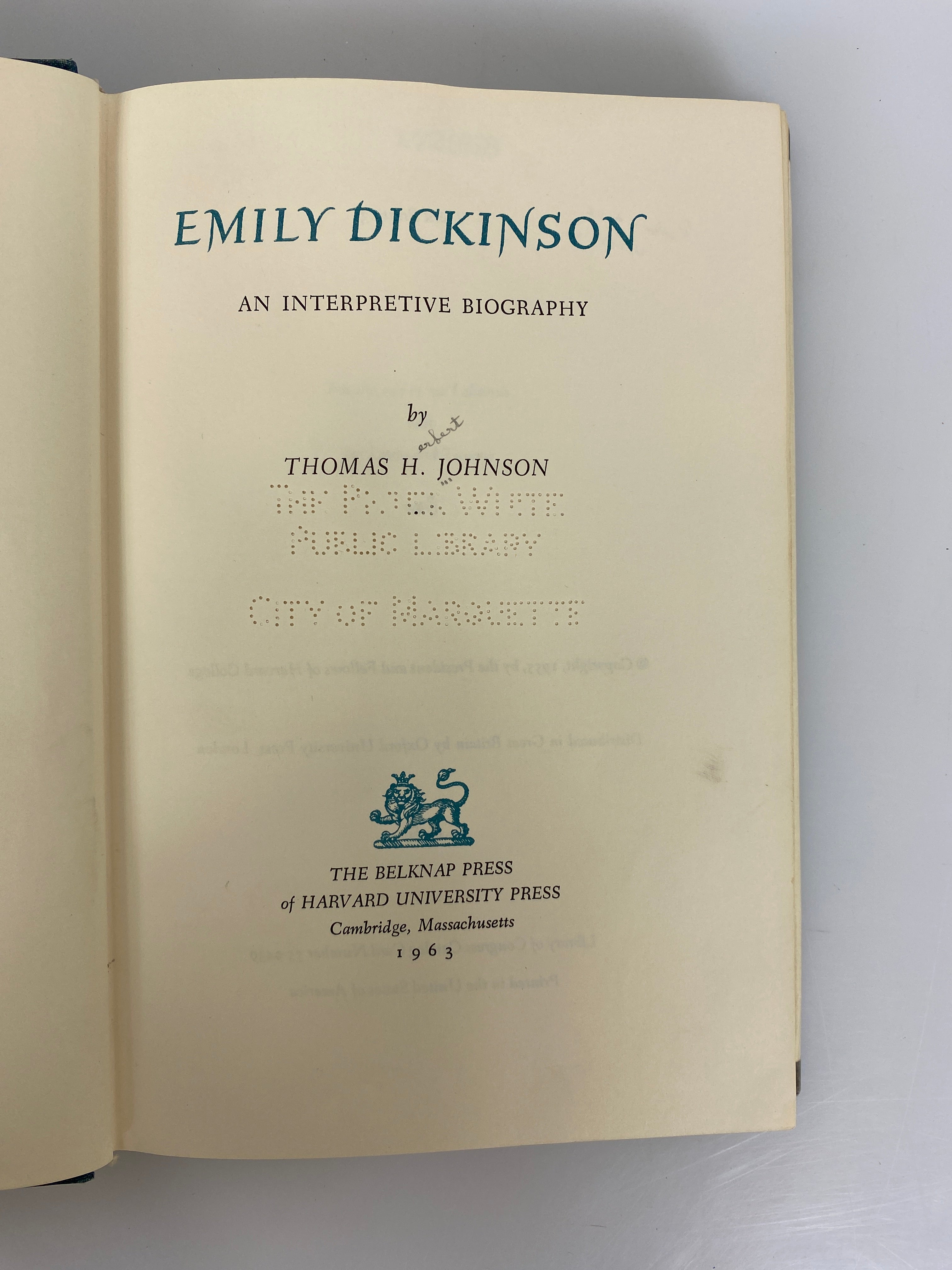 Emily Dickinson an Interpretive Biography by Thomas Johnson 1963 Ex-Library HCDJ