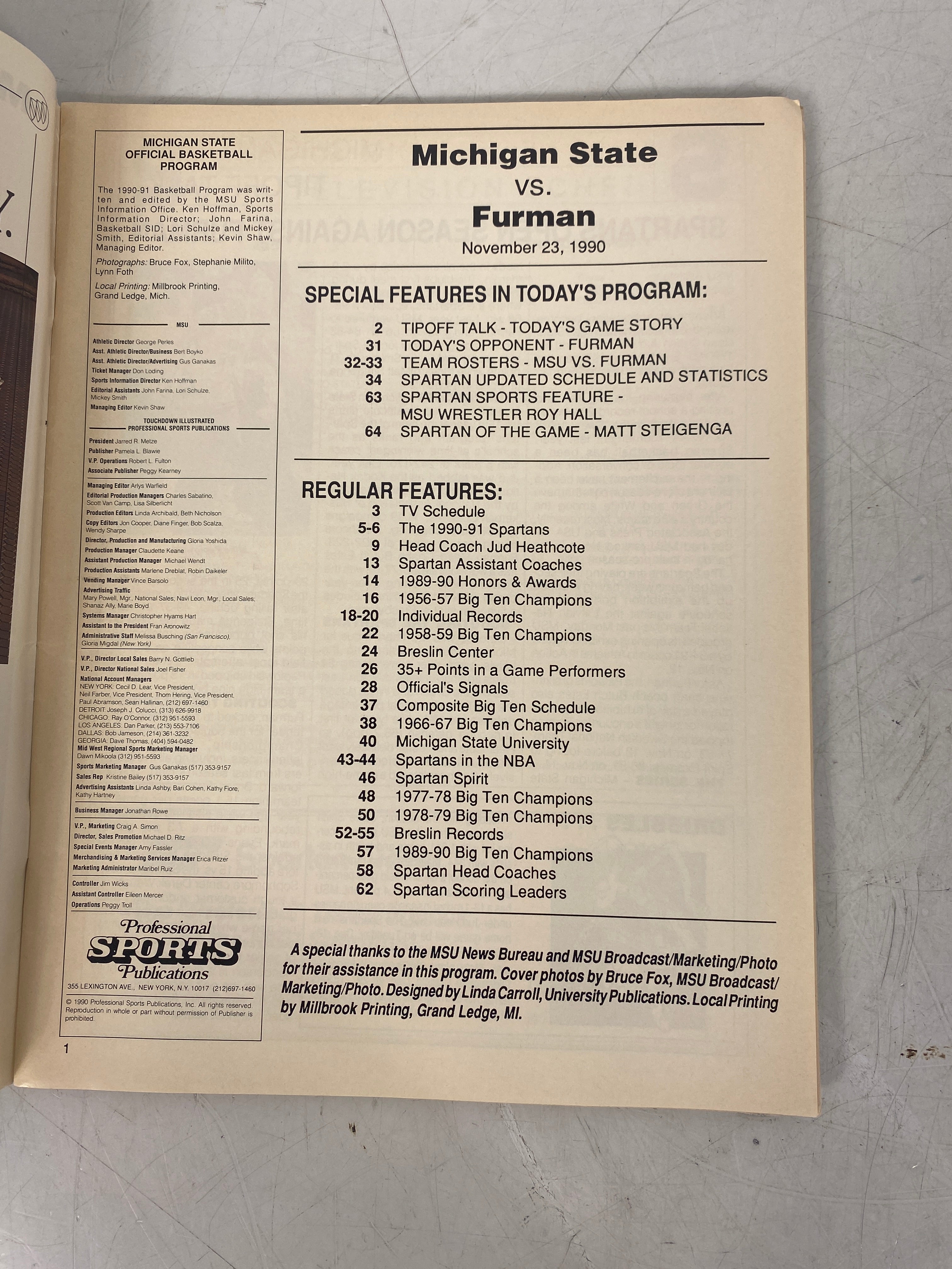 Go Green Sports Ephemera MSU Basketball vs Furman and NCAA 1990 Steve Smith