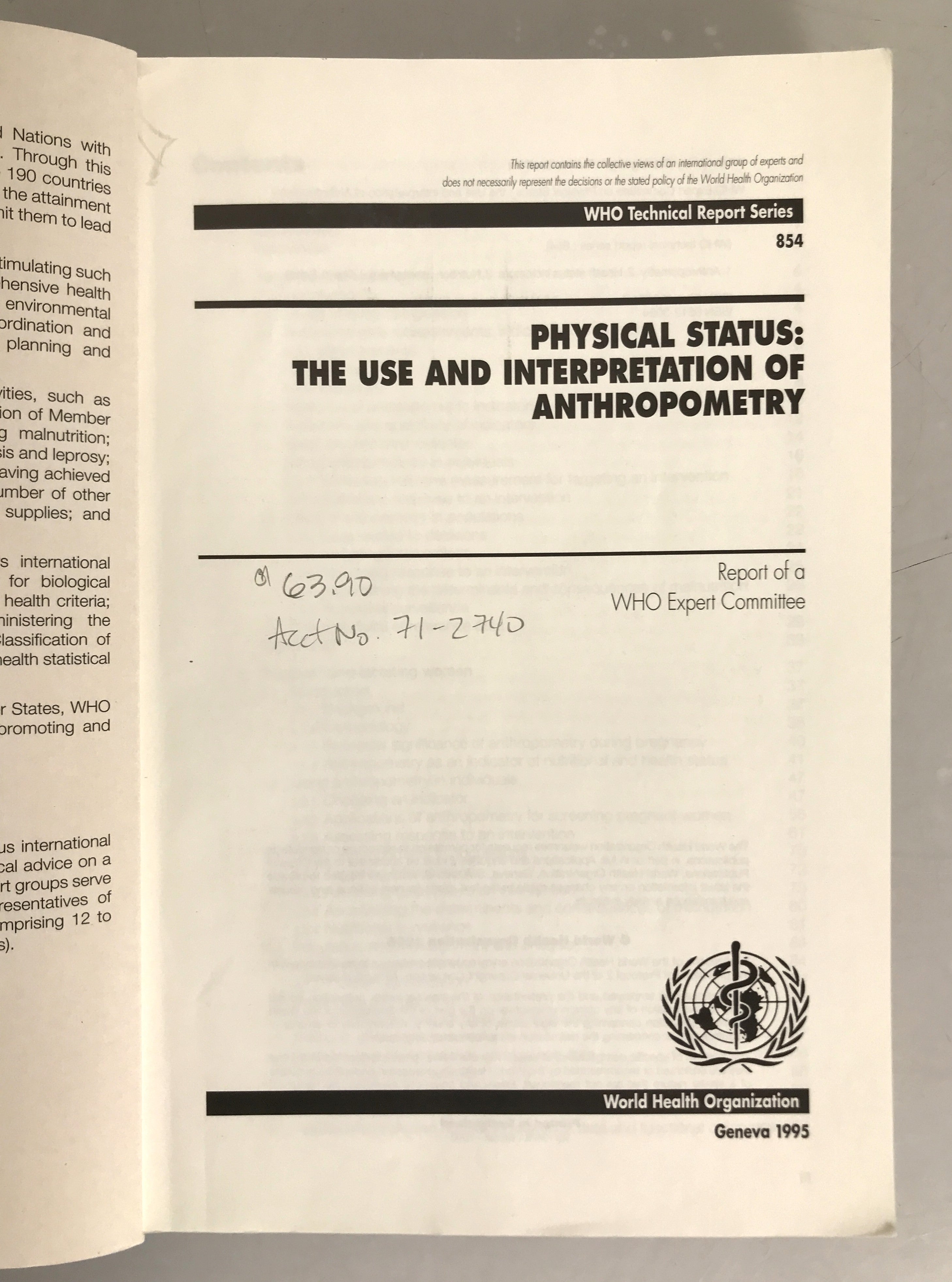 WHO Technical Report Series Physical Status: The Use and Interpretation of Anthropometry 1995 SC