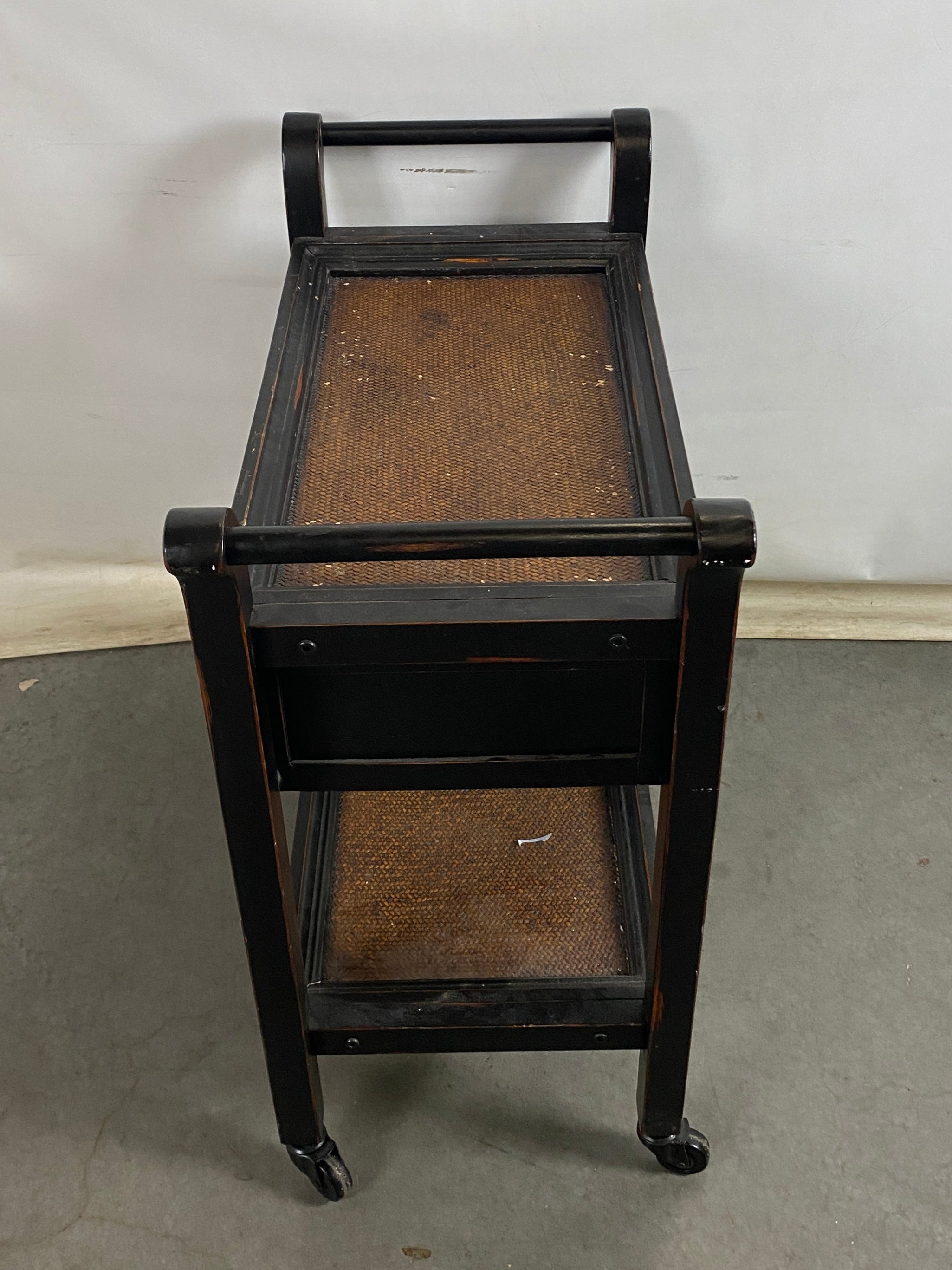 Wood and Wicker 2 Drawer Rolling Handled Cart