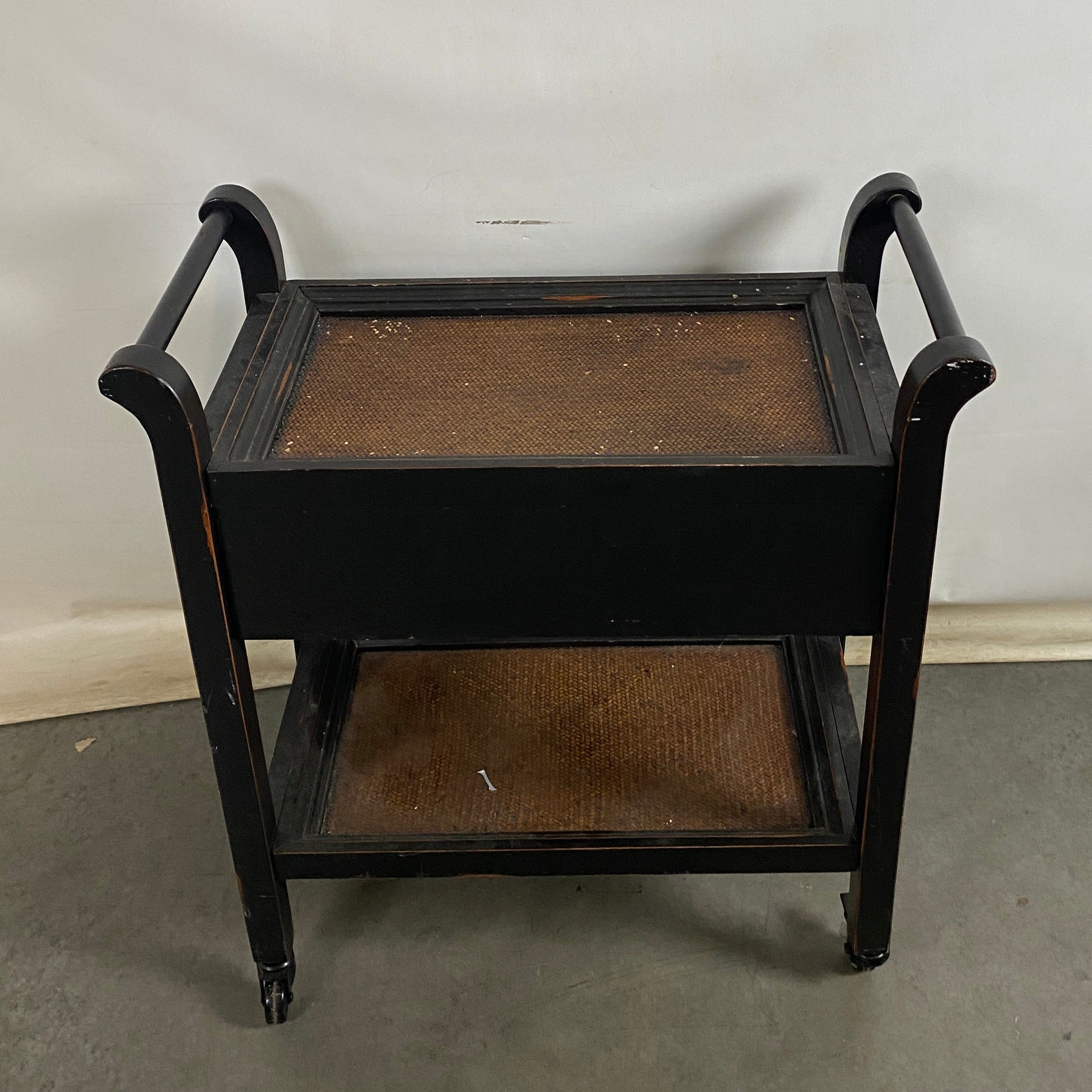 Wood and Wicker 2 Drawer Rolling Handled Cart